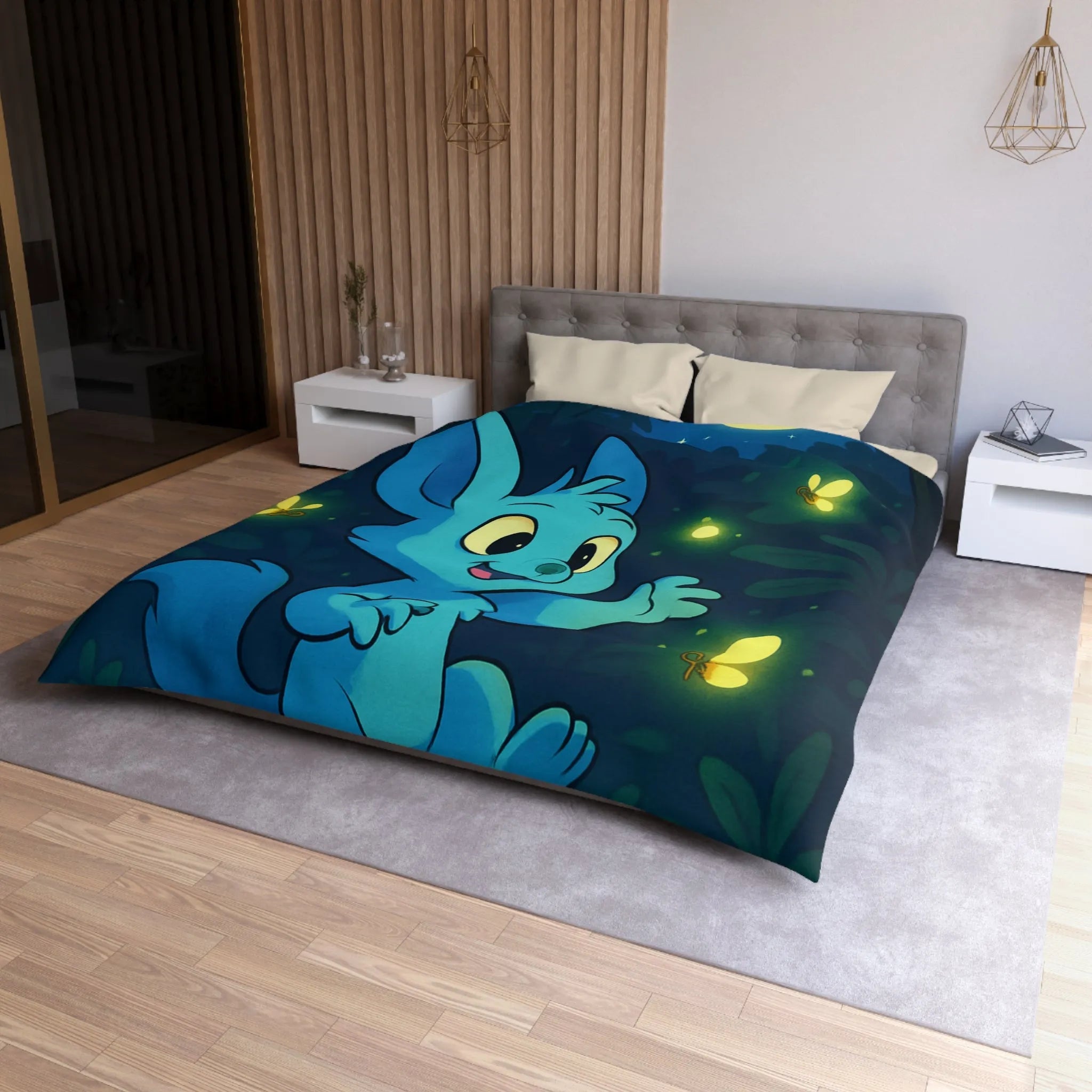 Housse de couette enfantine décorée avec lapin bleu et lucioles sous lune brillante