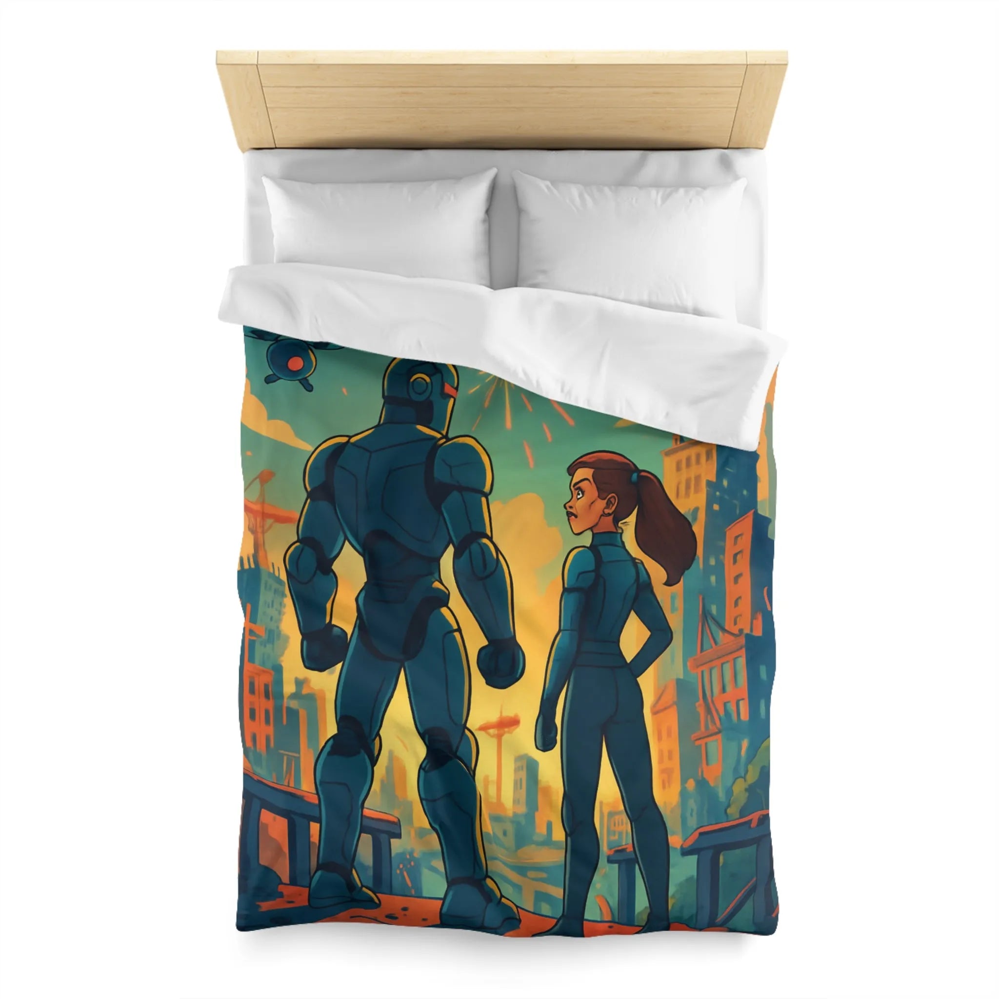 Housse de Couette Fine Imprimée Feux d’Artifice et Futuriste Ville Robotique Dessinée