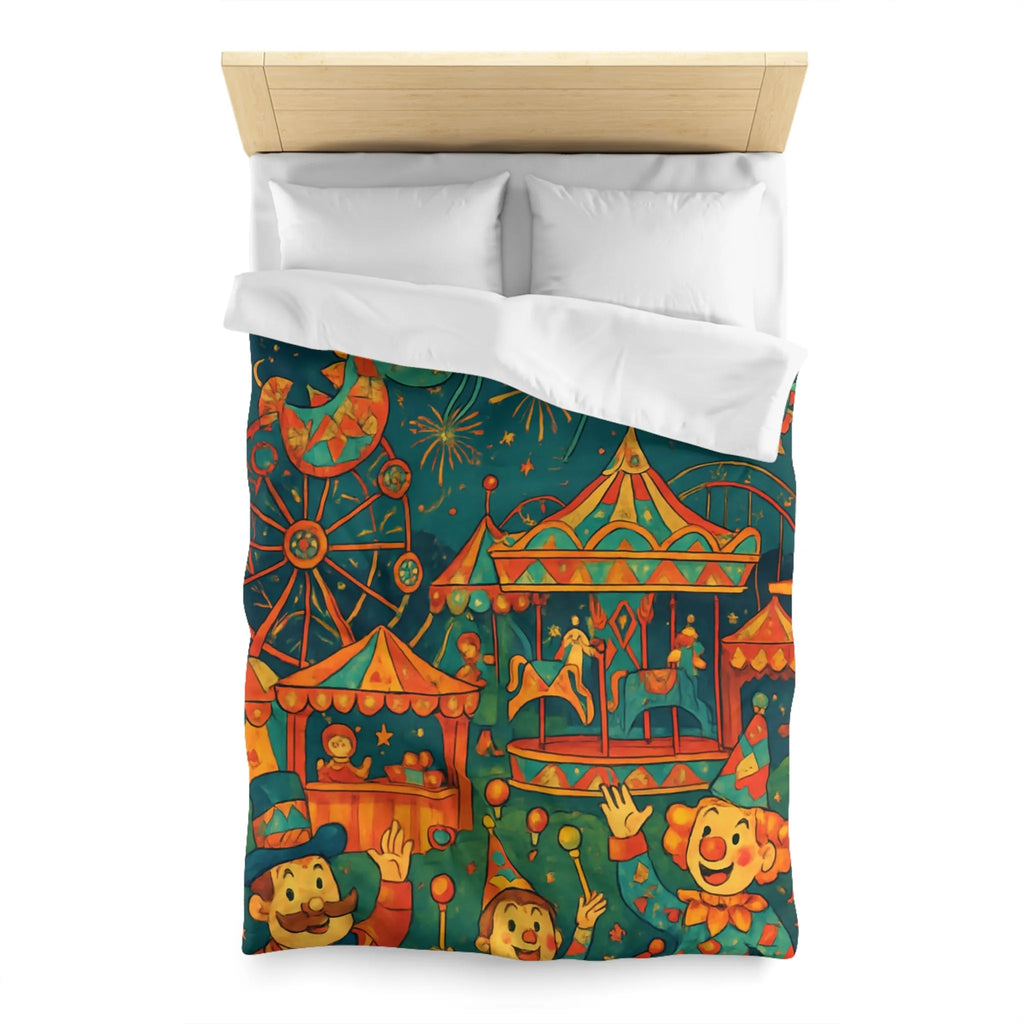 Housse de Couette Enfantine Colorée Fête Foraine avec Manège et Clowns Heureux