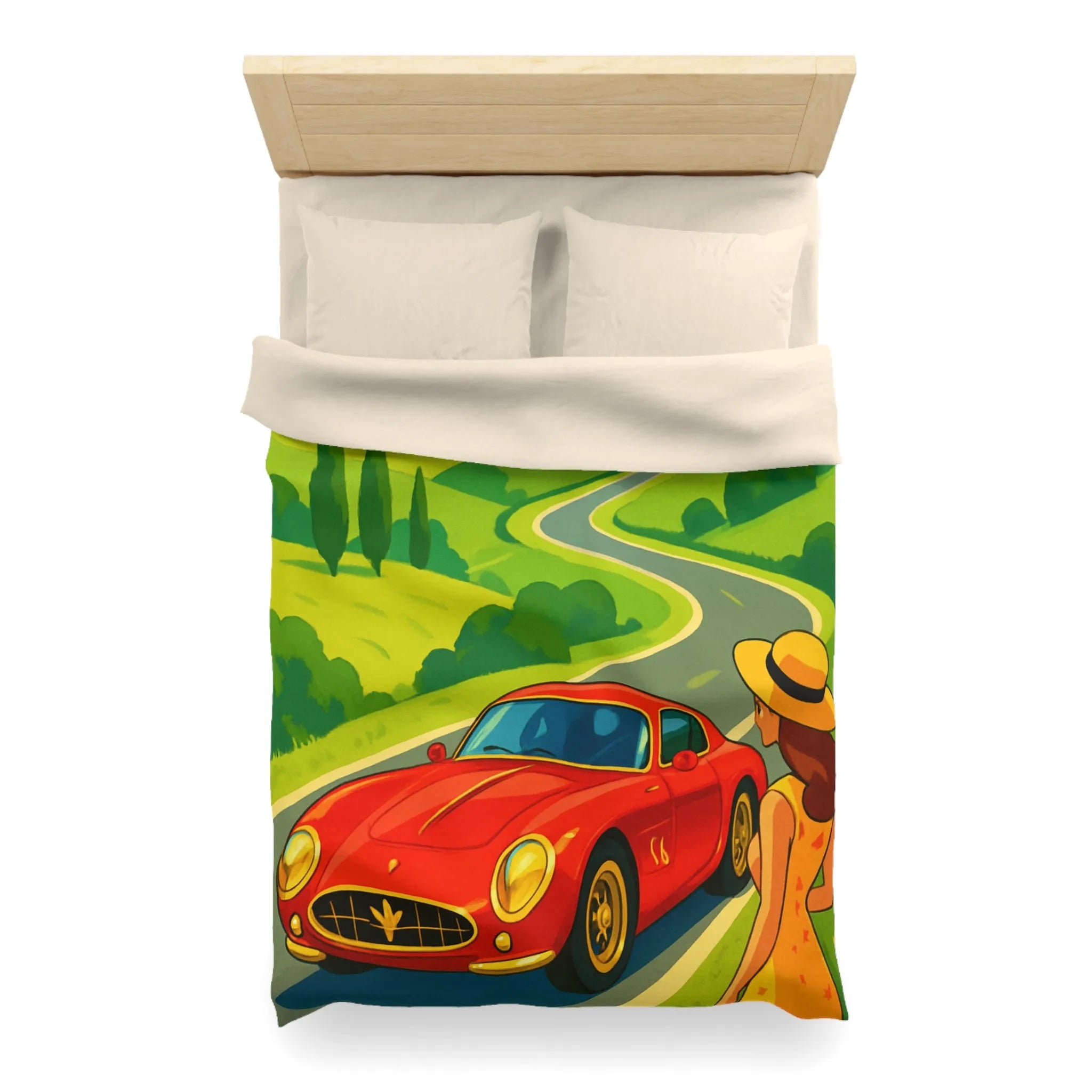 Housse de Couette Colorée avec Paysage Champêtre, Route Sinueuse et Voiture Rouge