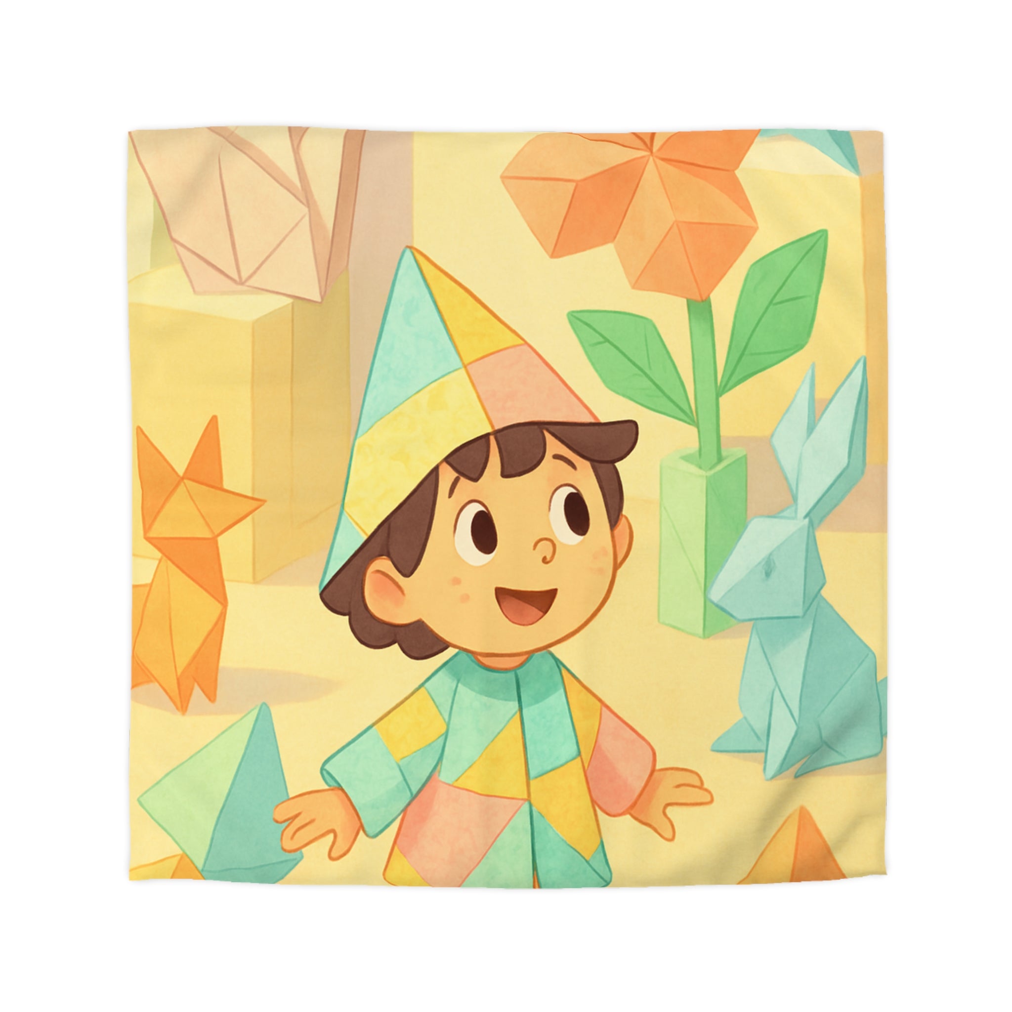 Housse de couette origami multicolore avec motifs enfantins de formes géométriques joyeuses