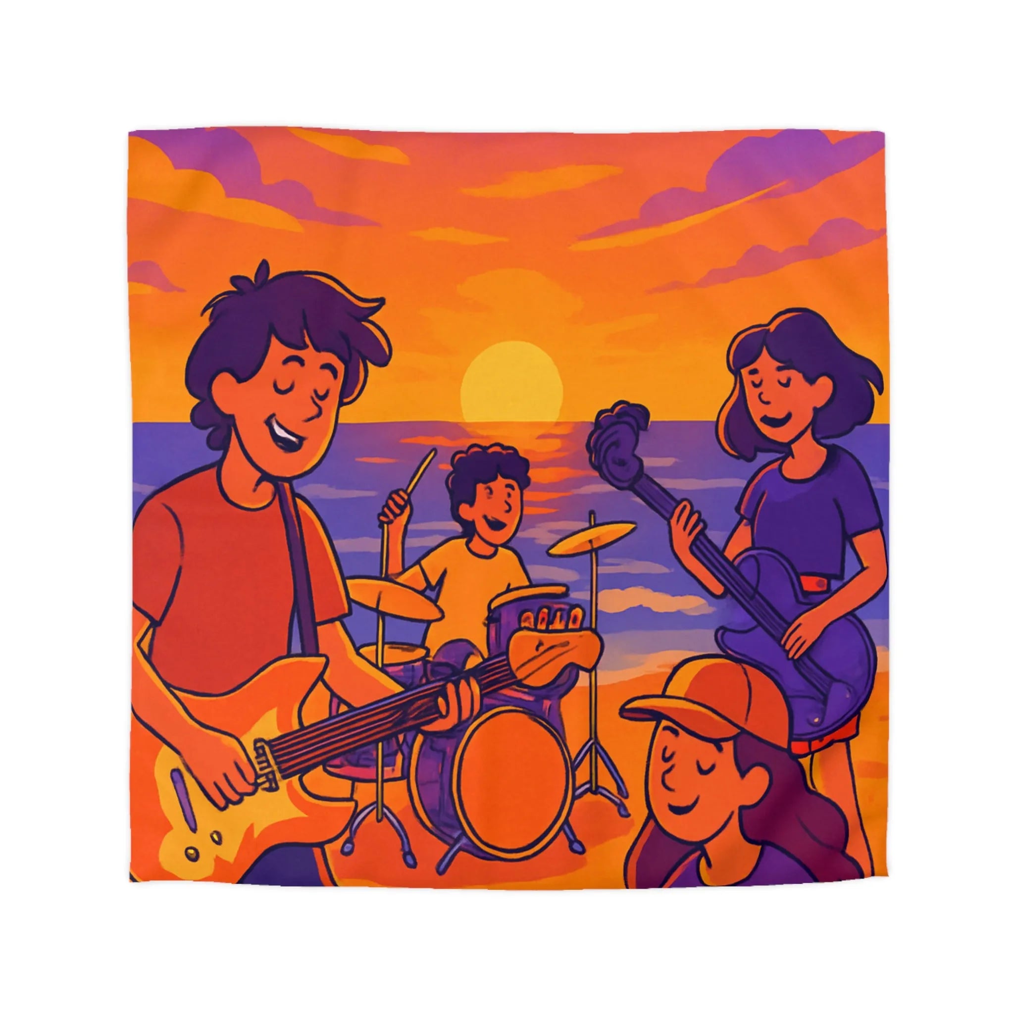 Housse de couette illustration plage coucher de soleil band rock ambiance musicale artistique