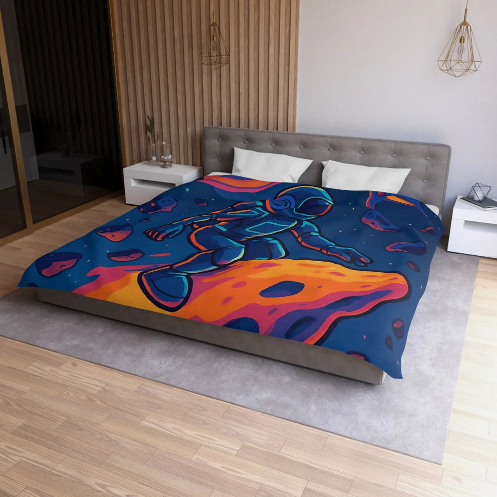 Aventure spatiale colorée avec astronaute sur météore, planète anneau et vaisseaux futuristes