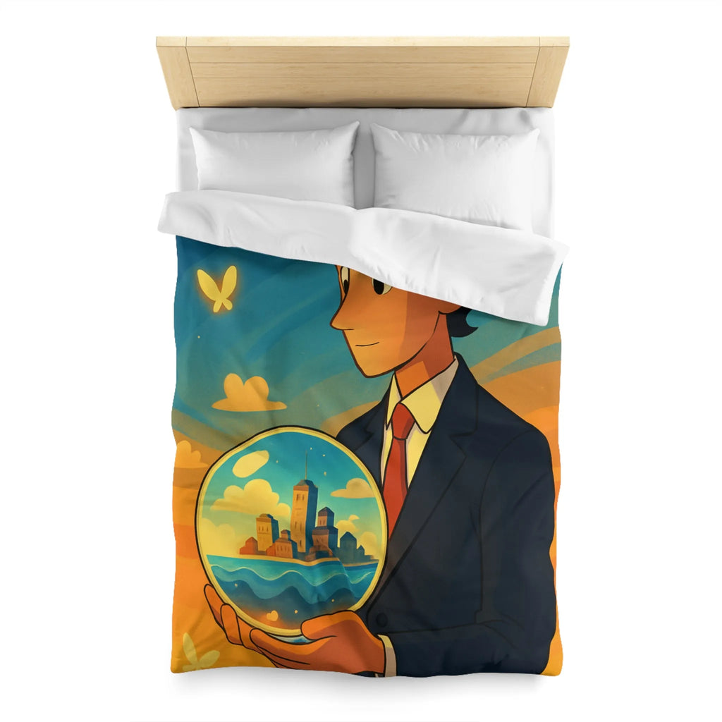 Housse de couette avec illustration surréaliste d'un homme tenant une sphère magique