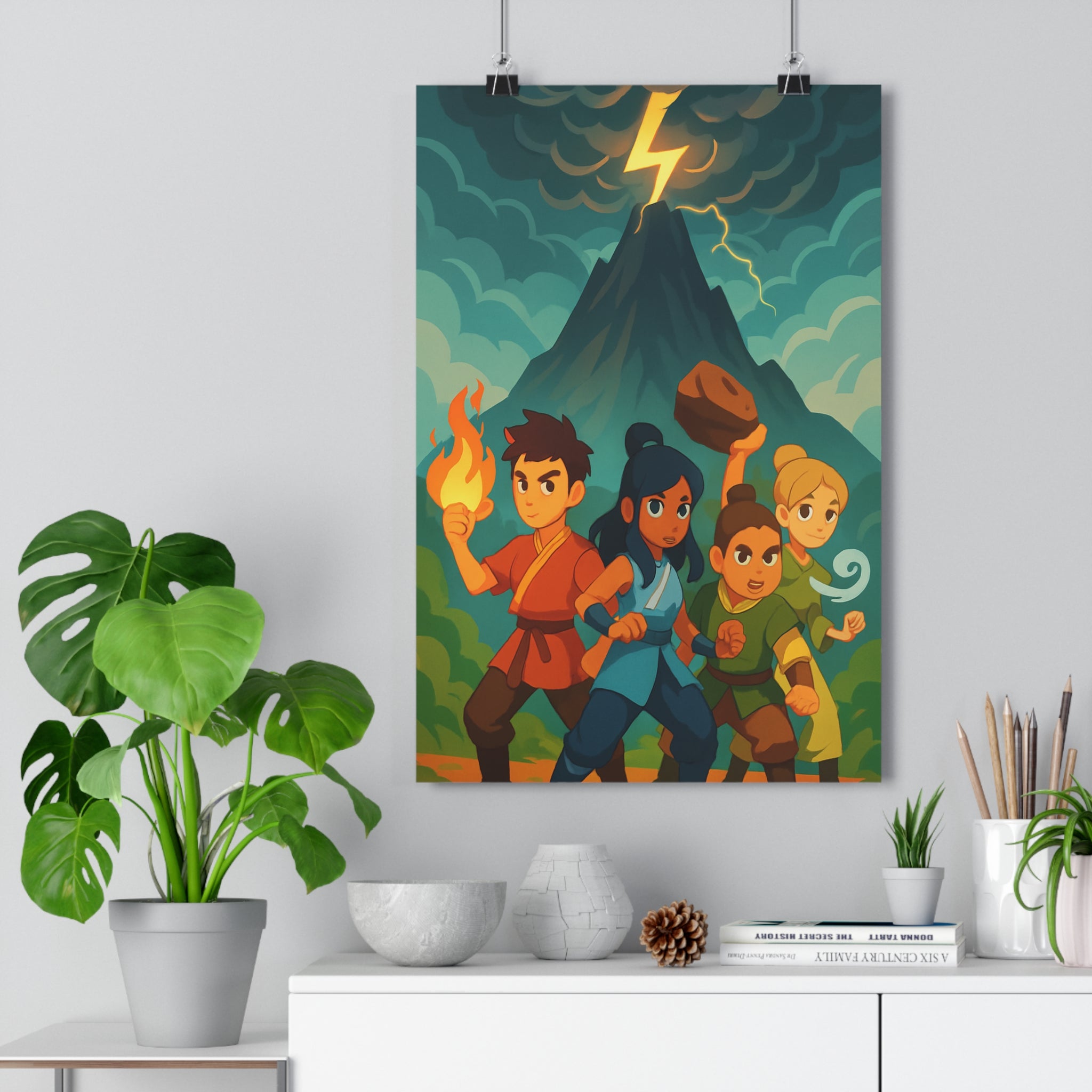Poster décoratif épique animé rouge bleu vert volcan héros aventure chambre enfant mural vibrant