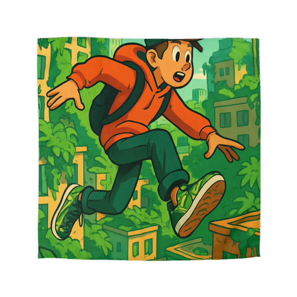 Housse de Couette Motif Urbain Vert avec Garçon Aventurier en Tenue Décontractée