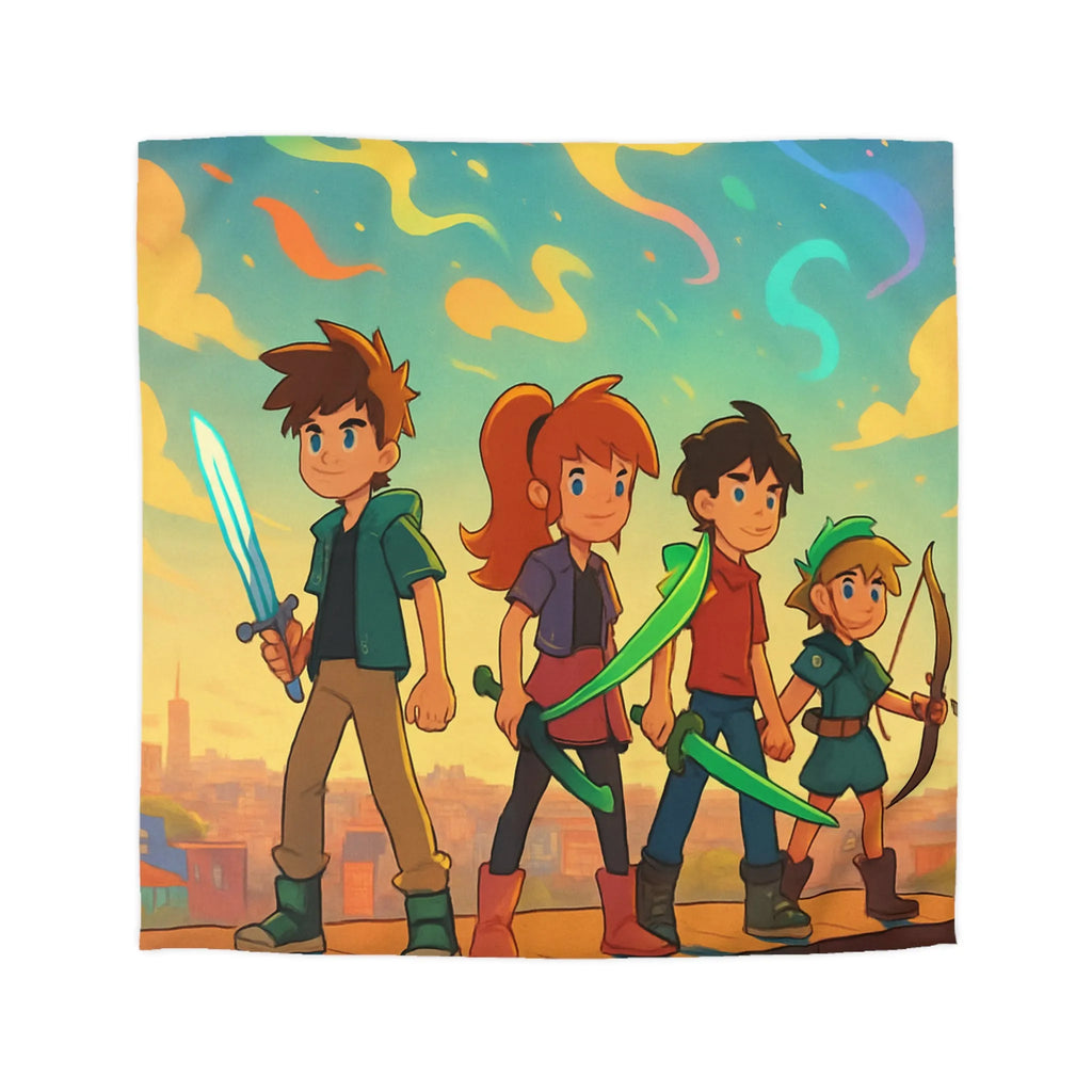 Housse de couette colorée avec quatre héros et ciel étoilé multicolore