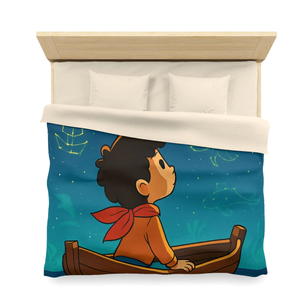 Enfant rêveur explorant les constellations marines lumineuses depuis un petit bateau paisible