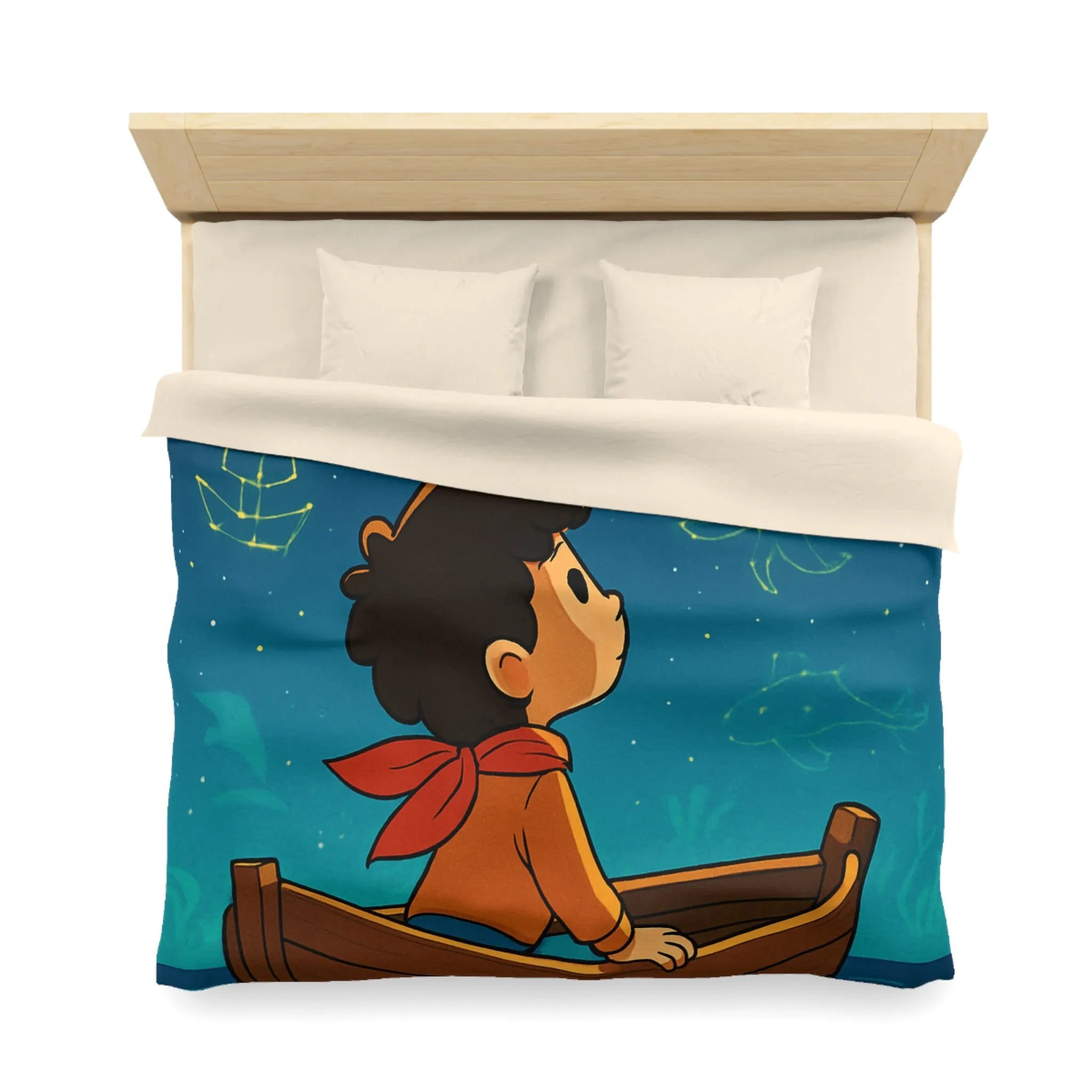 Enfant rêveur explorant les constellations marines lumineuses depuis un petit bateau paisible