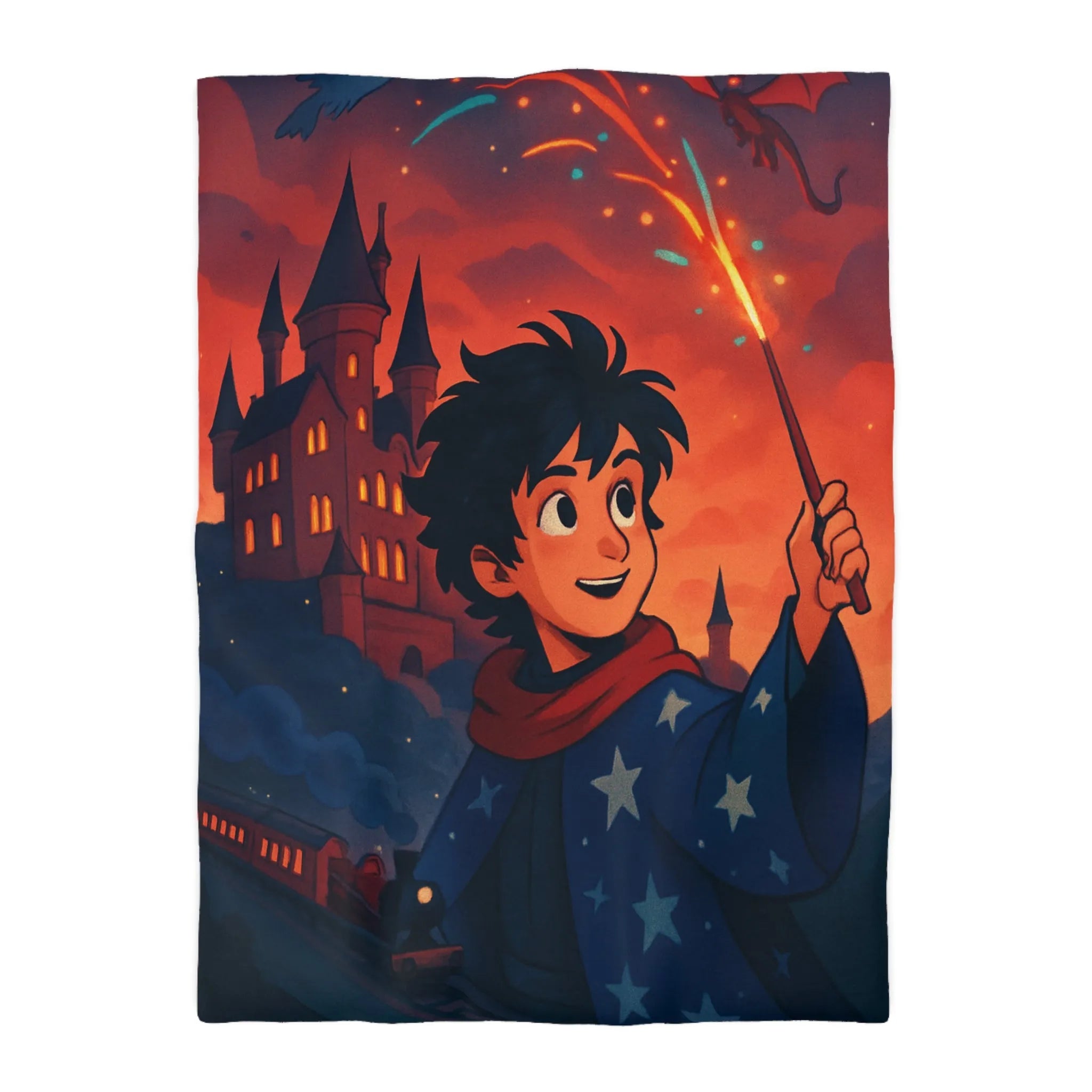 Housse de Couette Enfant Magie Château Nuit Feu d'Artifice Dragon et Hibou