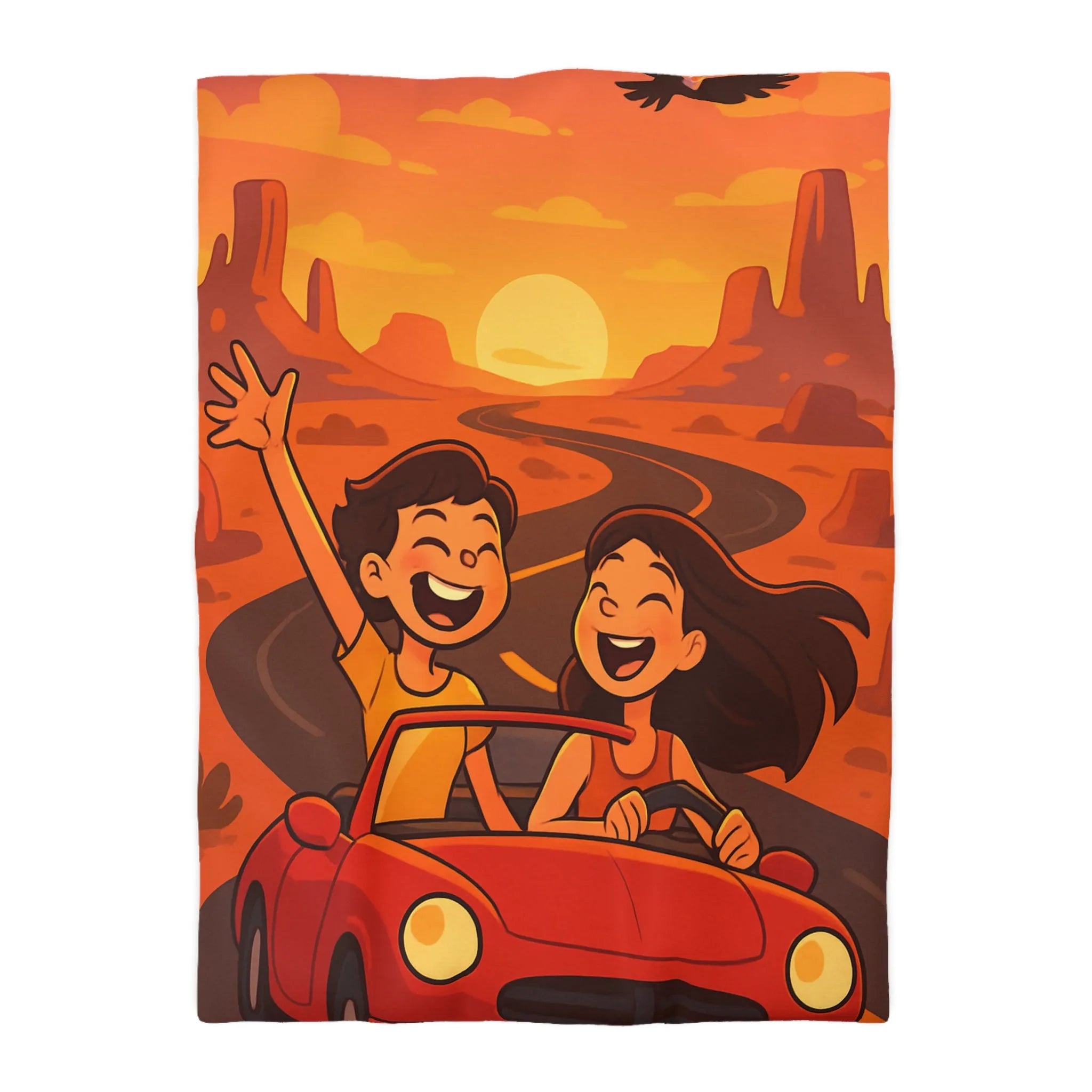 Aventure en voiture rouge dans un désert ensoleillé avec couple et aigle volant