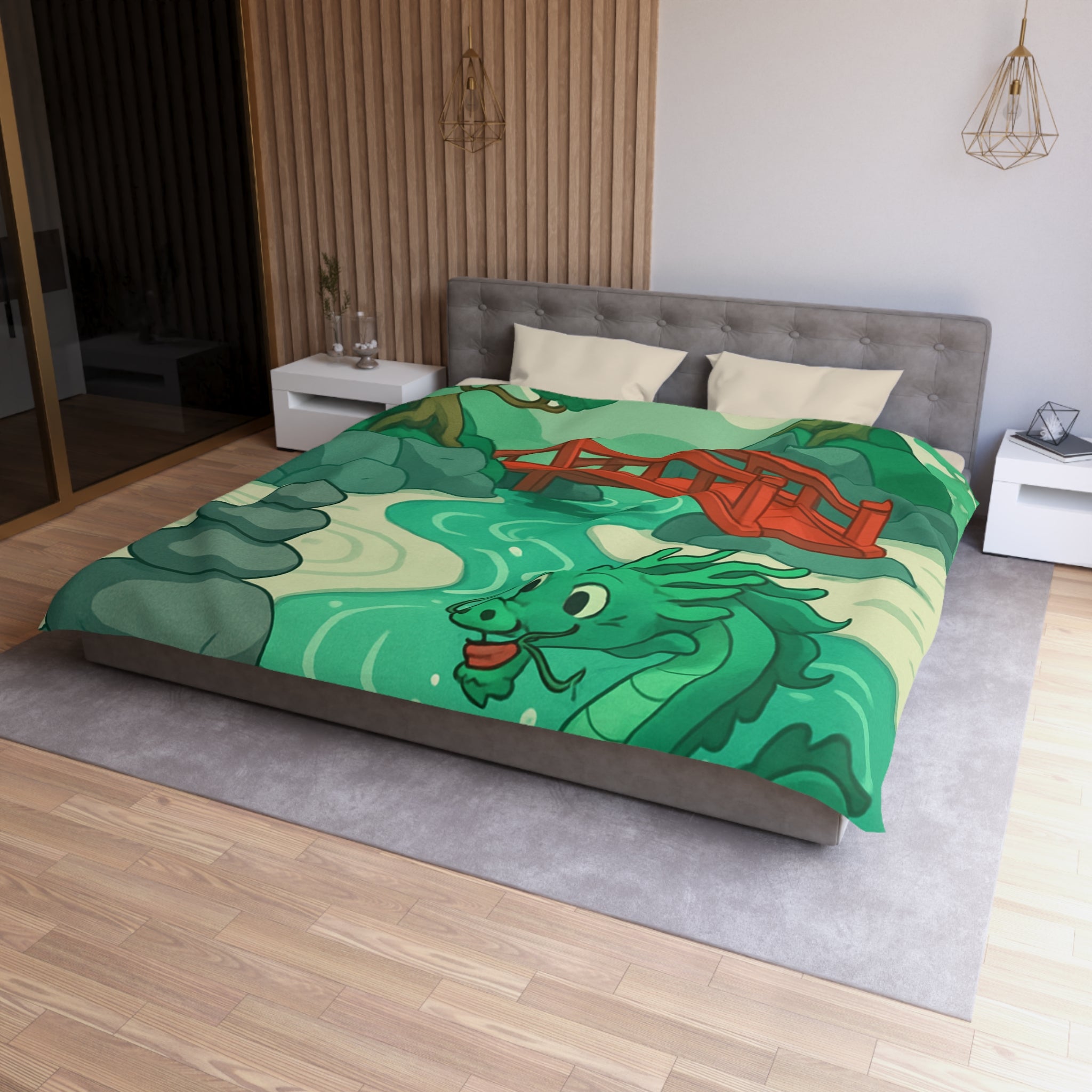 Magnifique housse de couette dragon vert dans jardin zen avec pont rouge