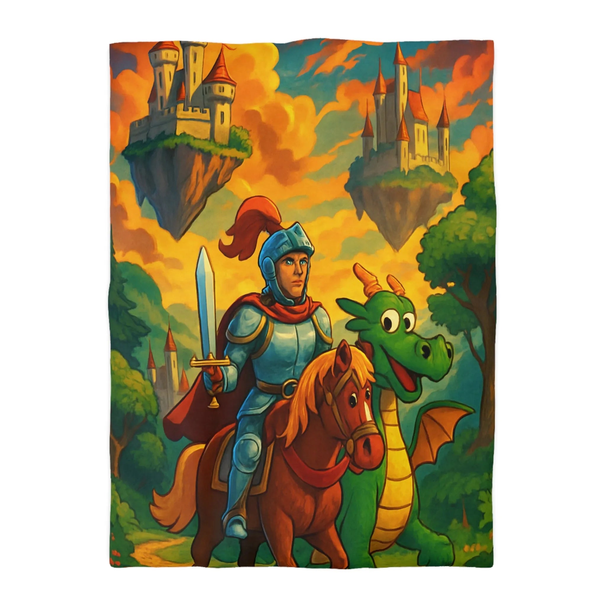 Housse de couette médiévale colorée avec chevalier, dragon et châteaux flottants fantastiques