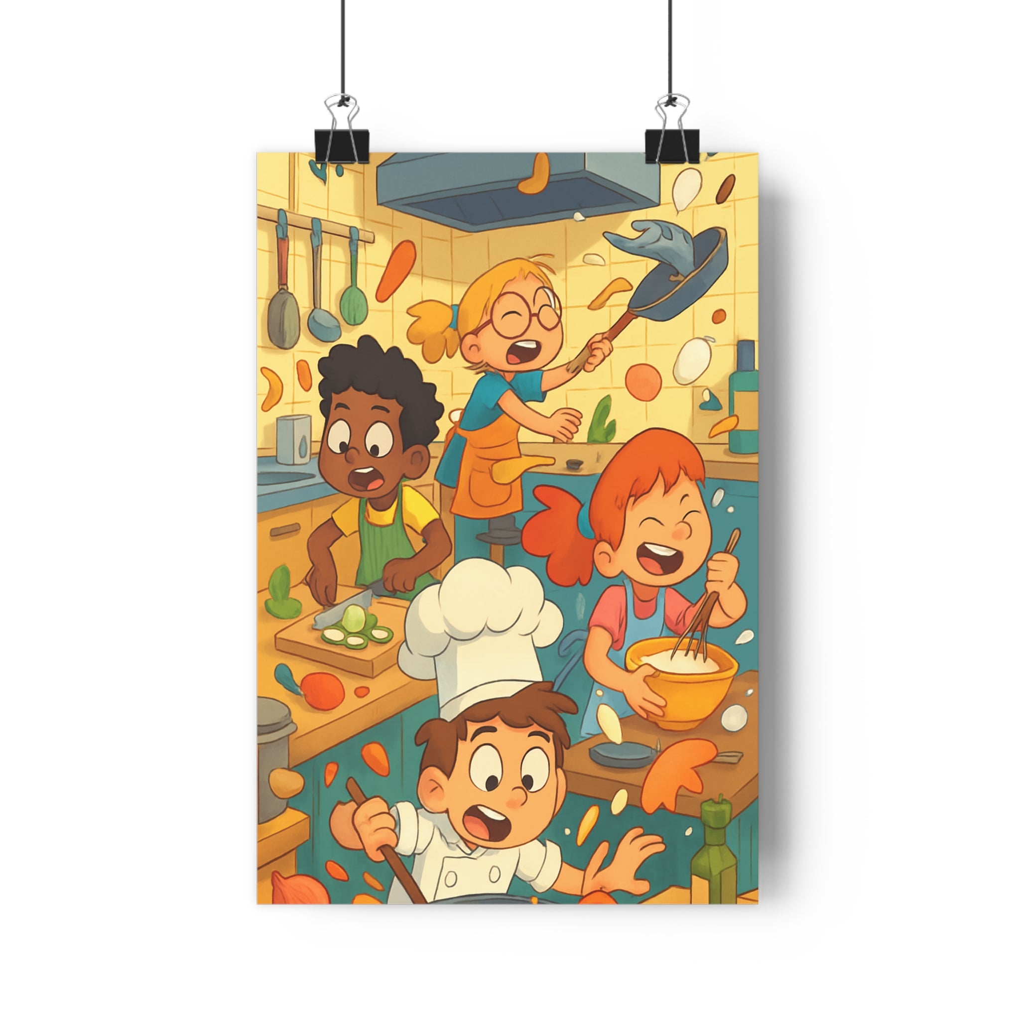 Poster décoratif ludique cuisine enfants bleu orange jaune joyeux dynamique amusant mural illustration chambre