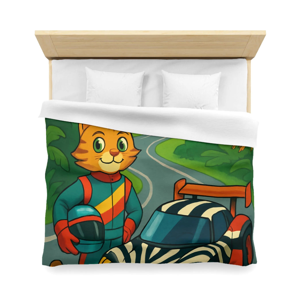 Housse de couette illustrée avec pilote chat, voiture zébrée et jungle luxuriante
