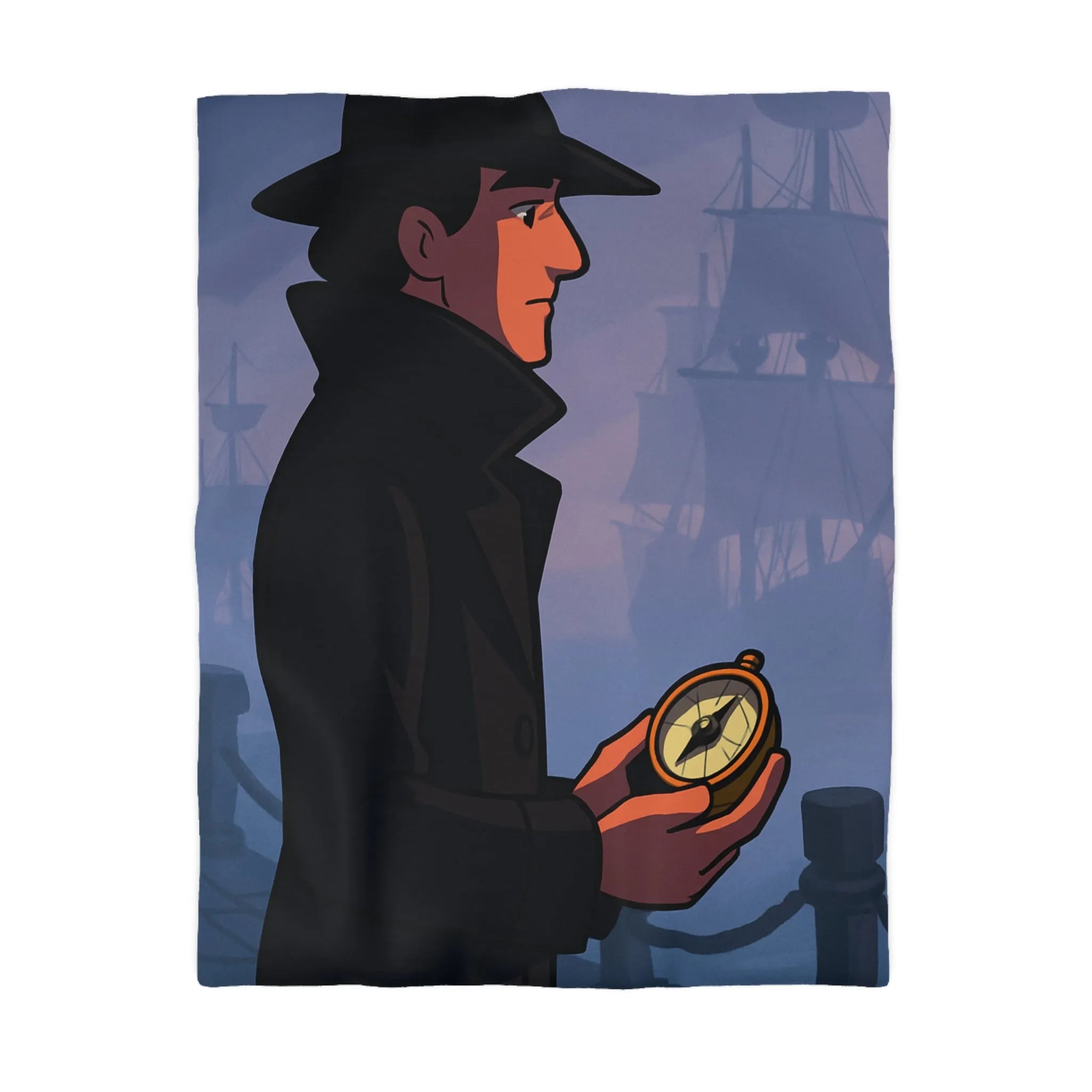 Élégant homme en manteau sombre tenant une boussole devant un port brumeux