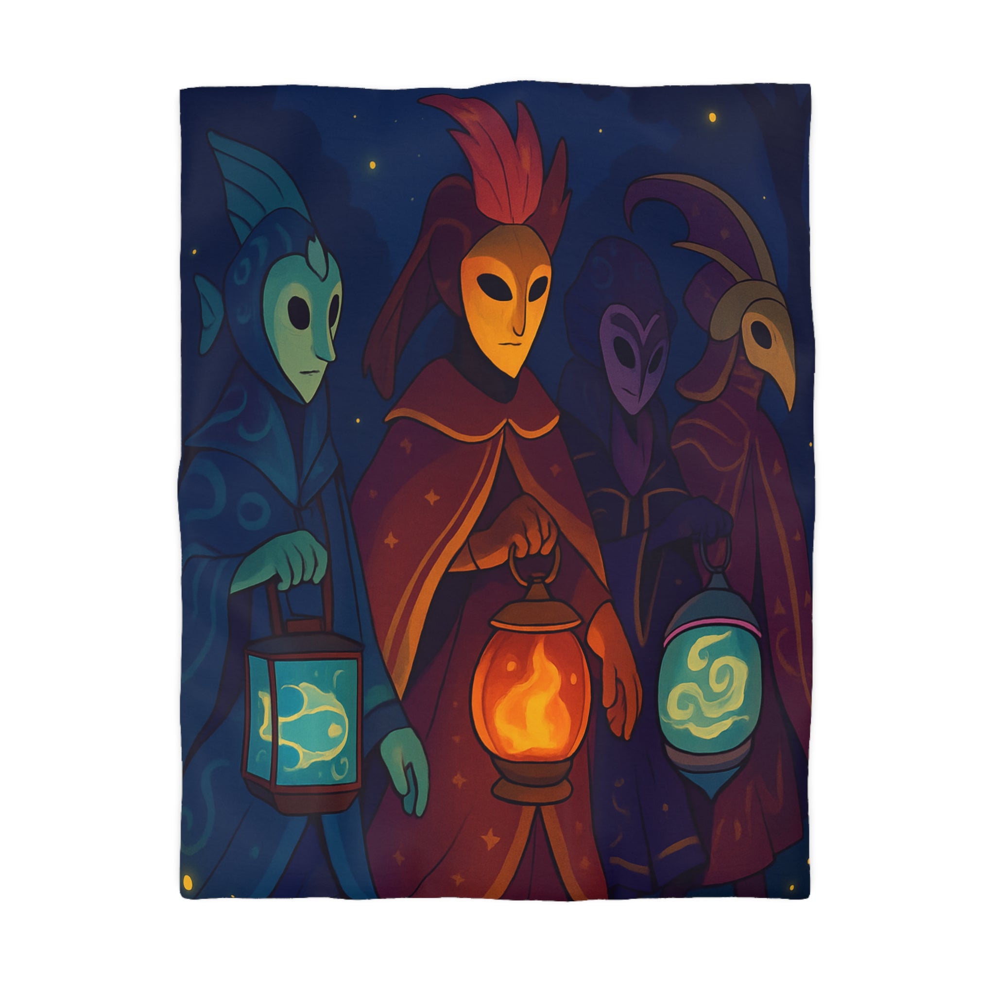 Housse de couette mystérieuse avec personnages masqués et lanternes en forêt étoilée