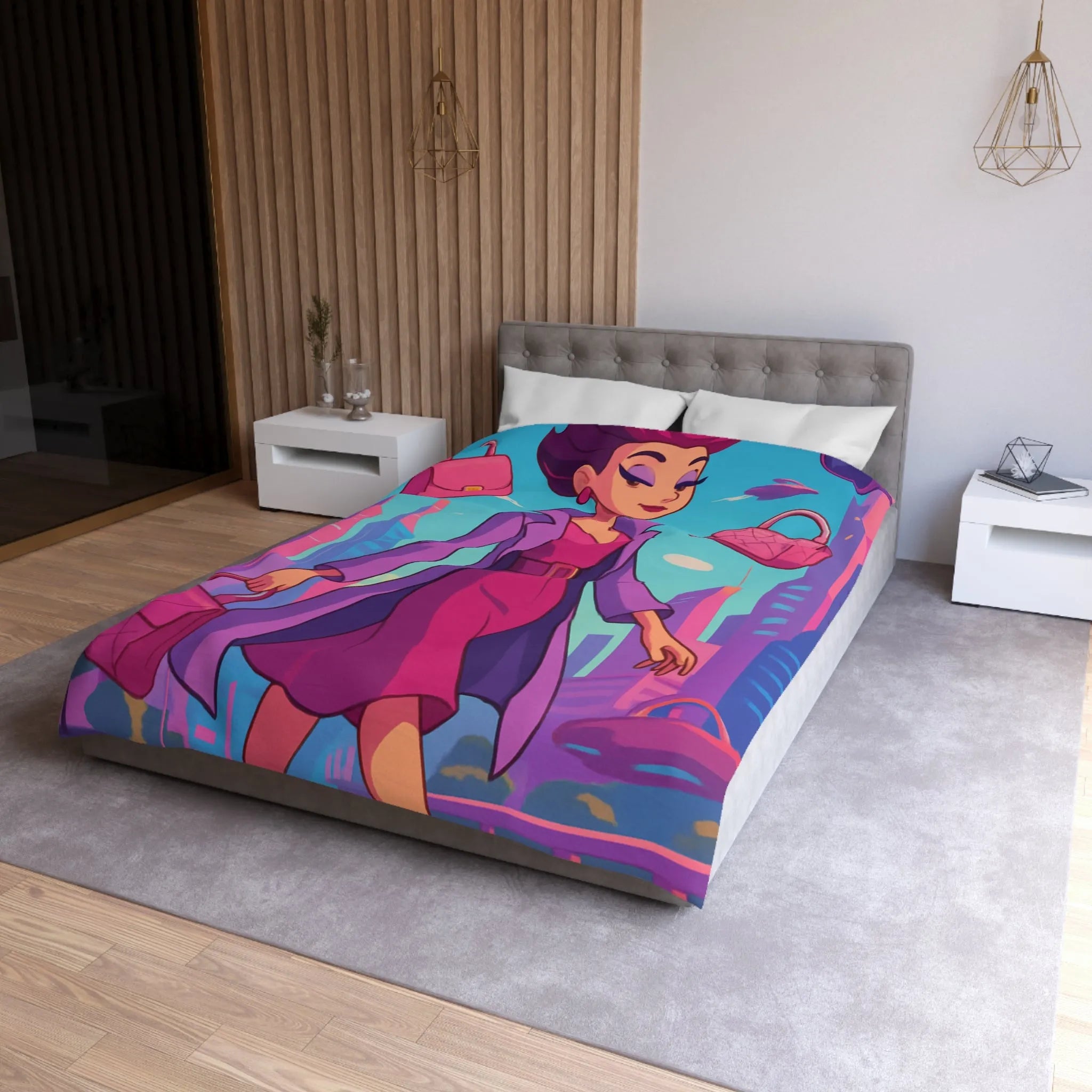 Élégante illustration urbaine rétro-futuriste avec personnage glamour et accessoires stylés en rose