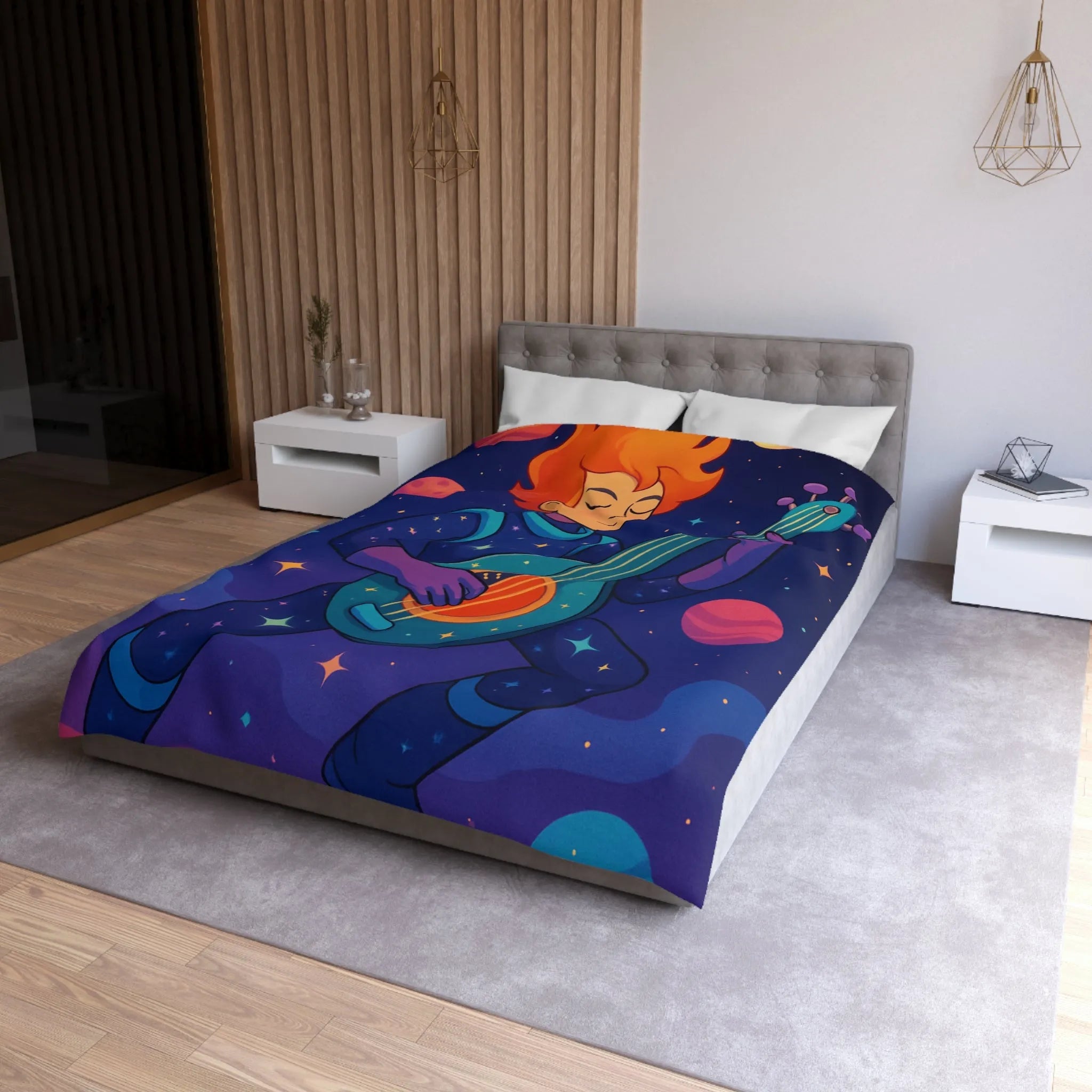 Housse de couette artistique espace avec musicien, planètes et comète colorée