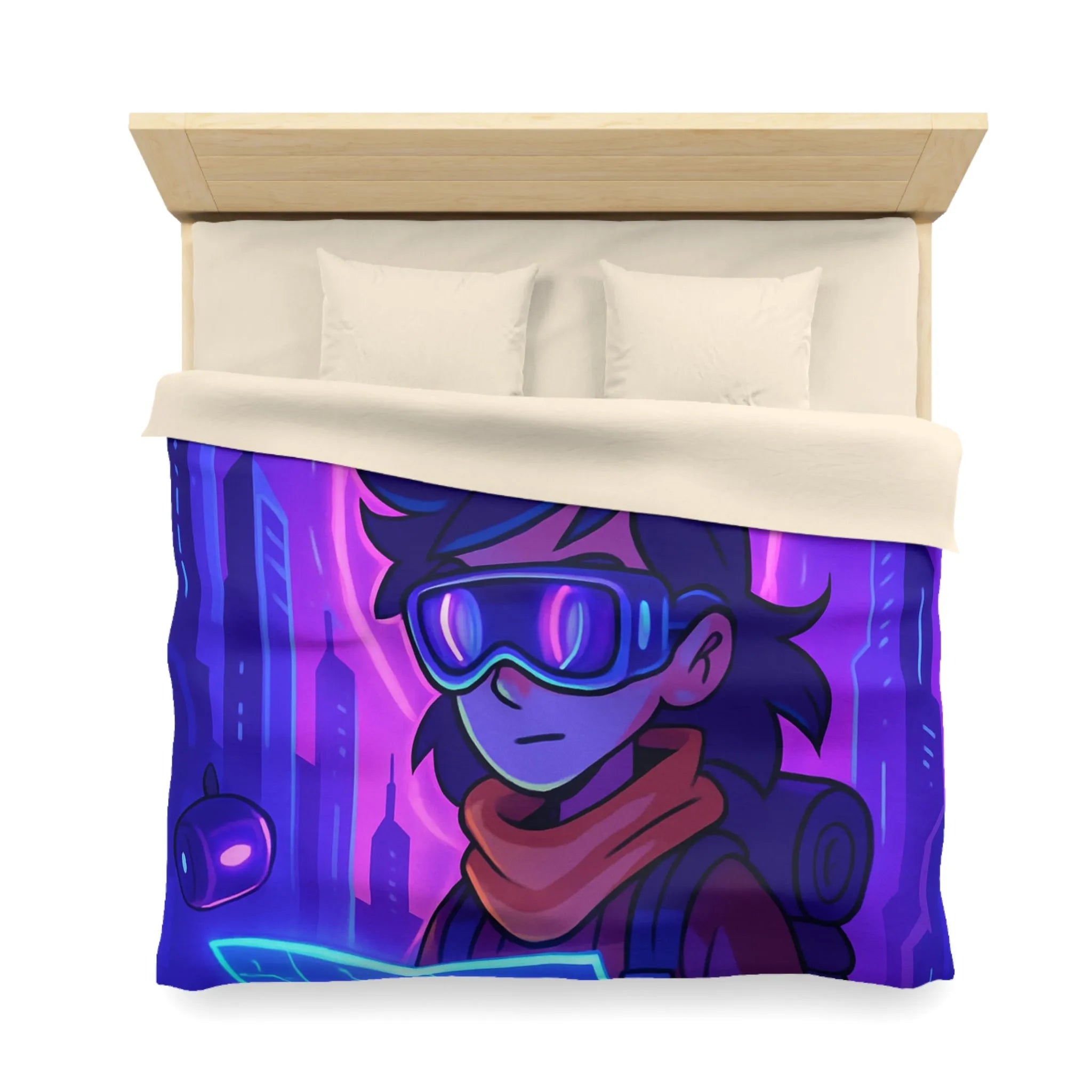 Housse de couette bleue violette style futuriste avec personnage et carte néon