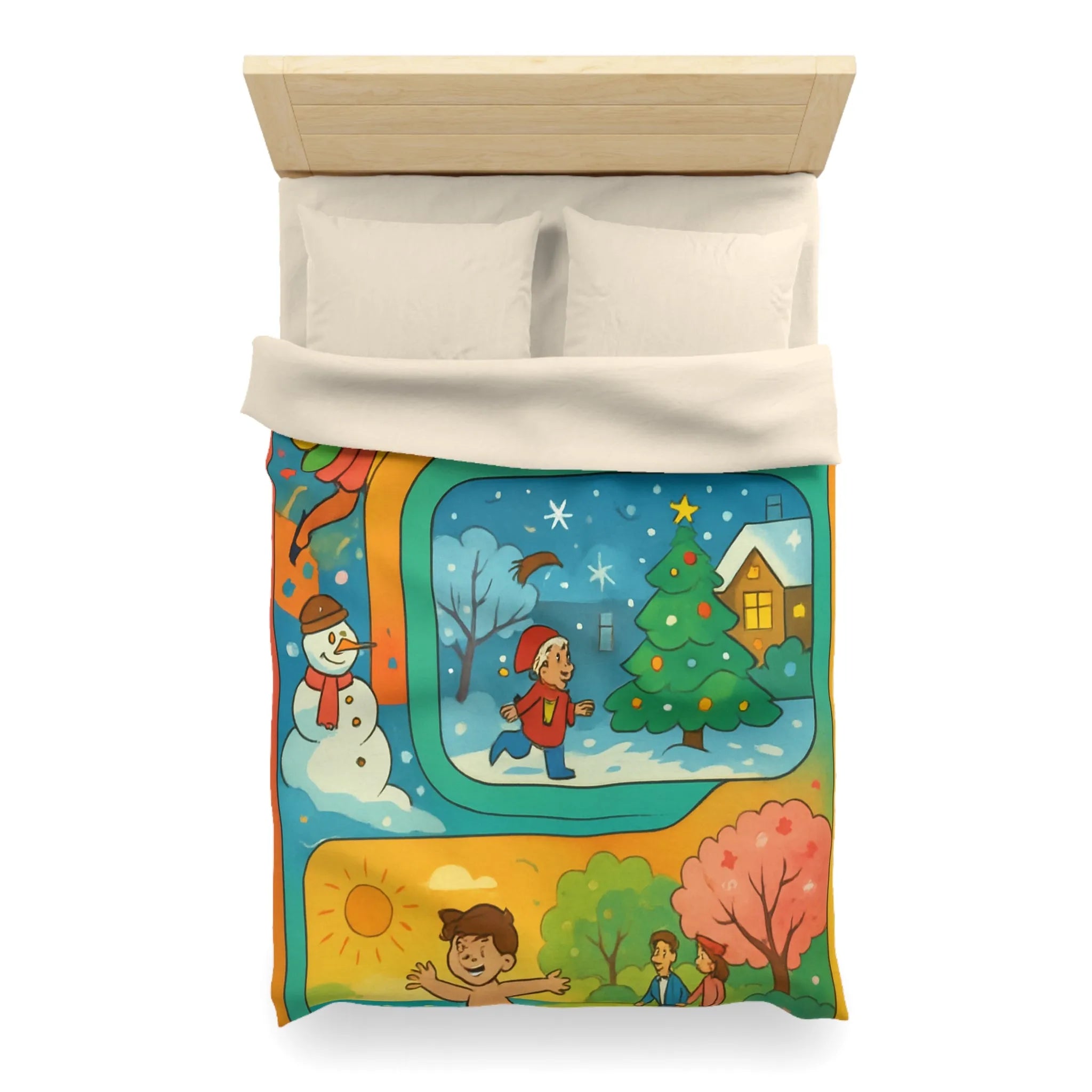 Housse de couette colorée illustrant quatre saisons et festivités pour enfants