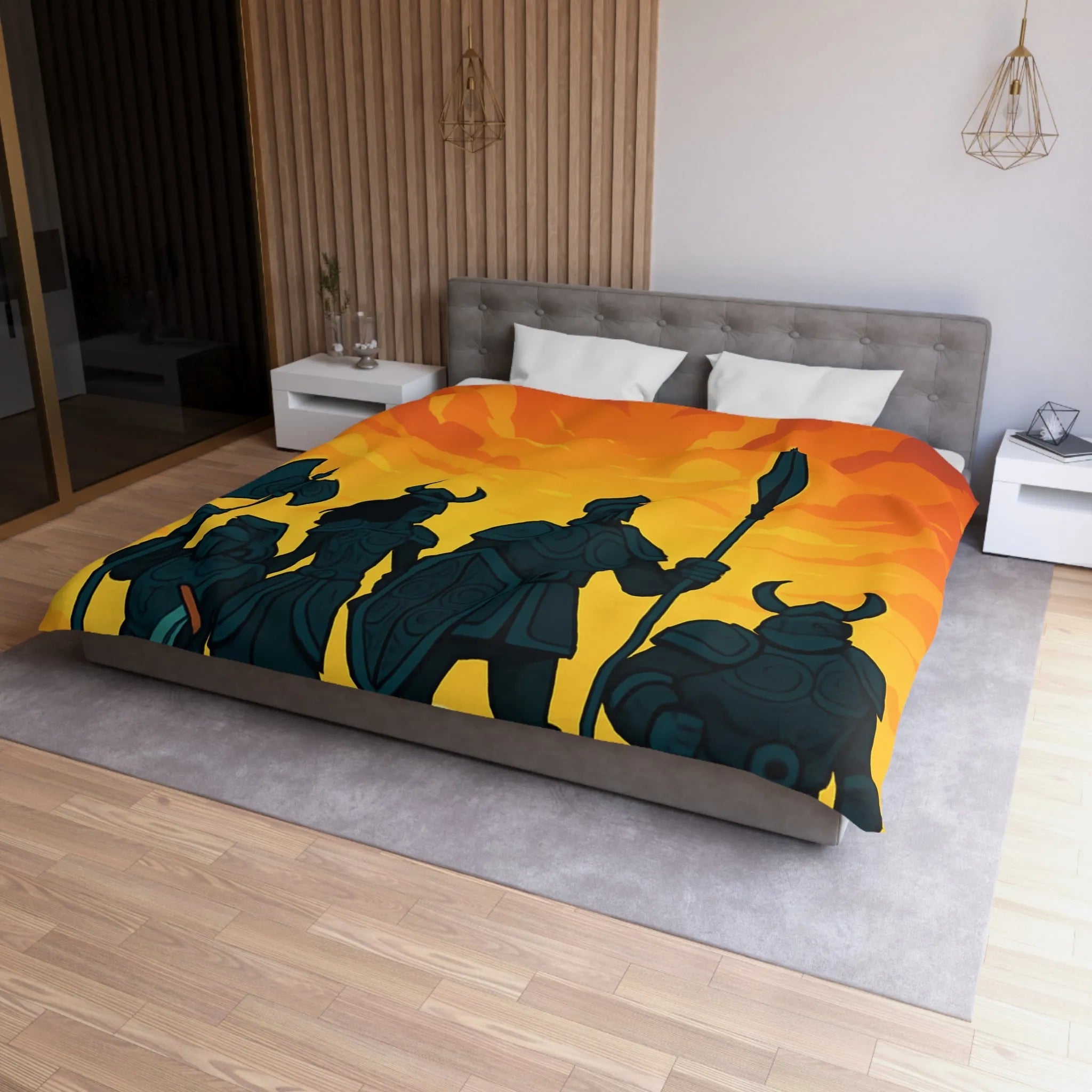 Housse de couette épique avec guerriers sous ciel flamboyant pour décoration médiévale