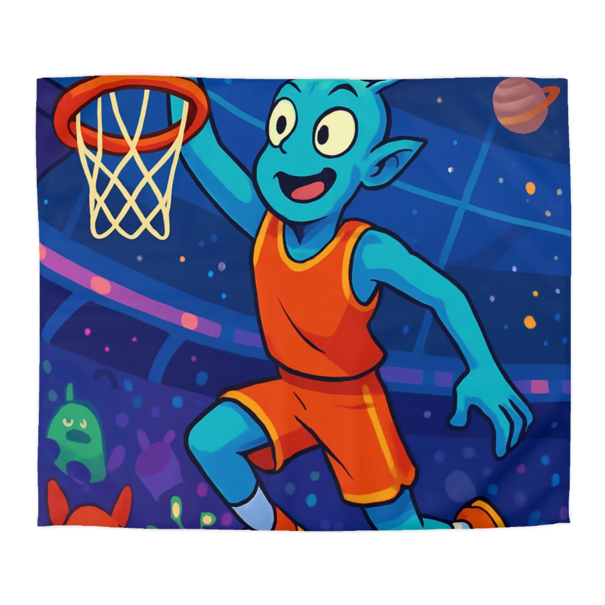 Housse de couette extraterrestre avec joueur de basket sous ciel planétaire coloré et vibrant