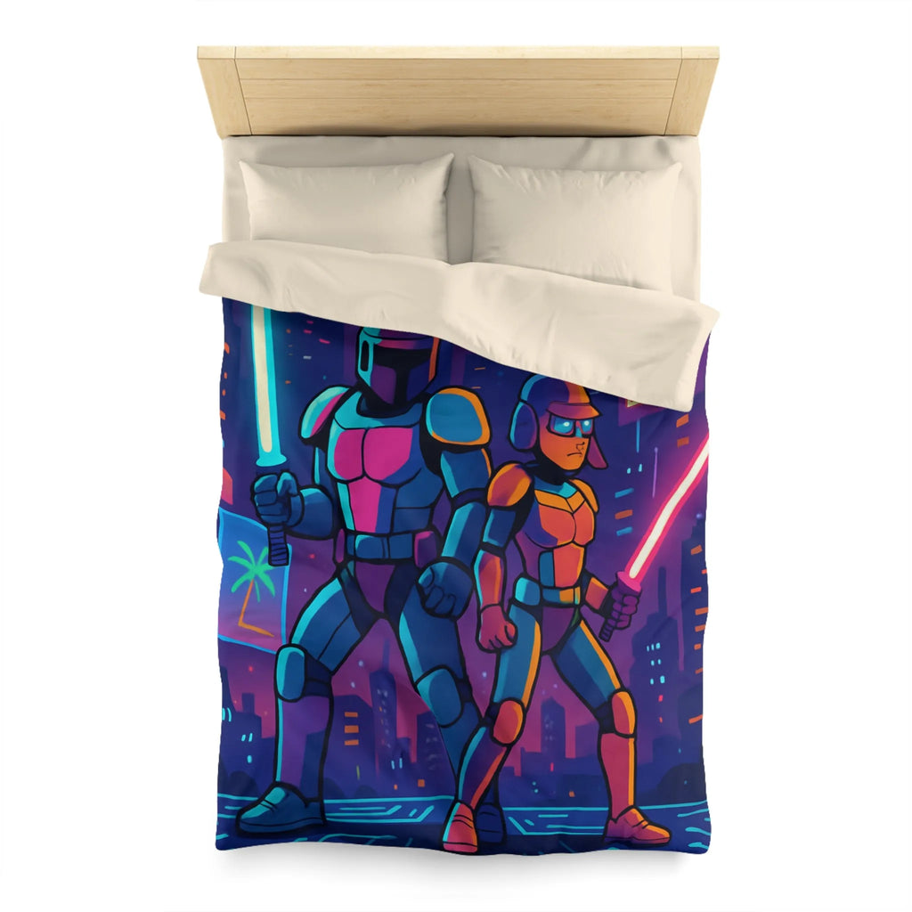 Épique housse de couette futuriste avec guerriers néon et skyline de science-fiction