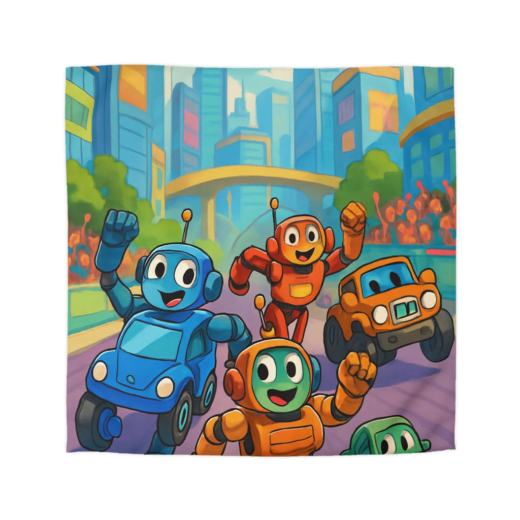 Housse de Couette Animée avec Robots Joyeux et Ville Futuriste pour Enfants