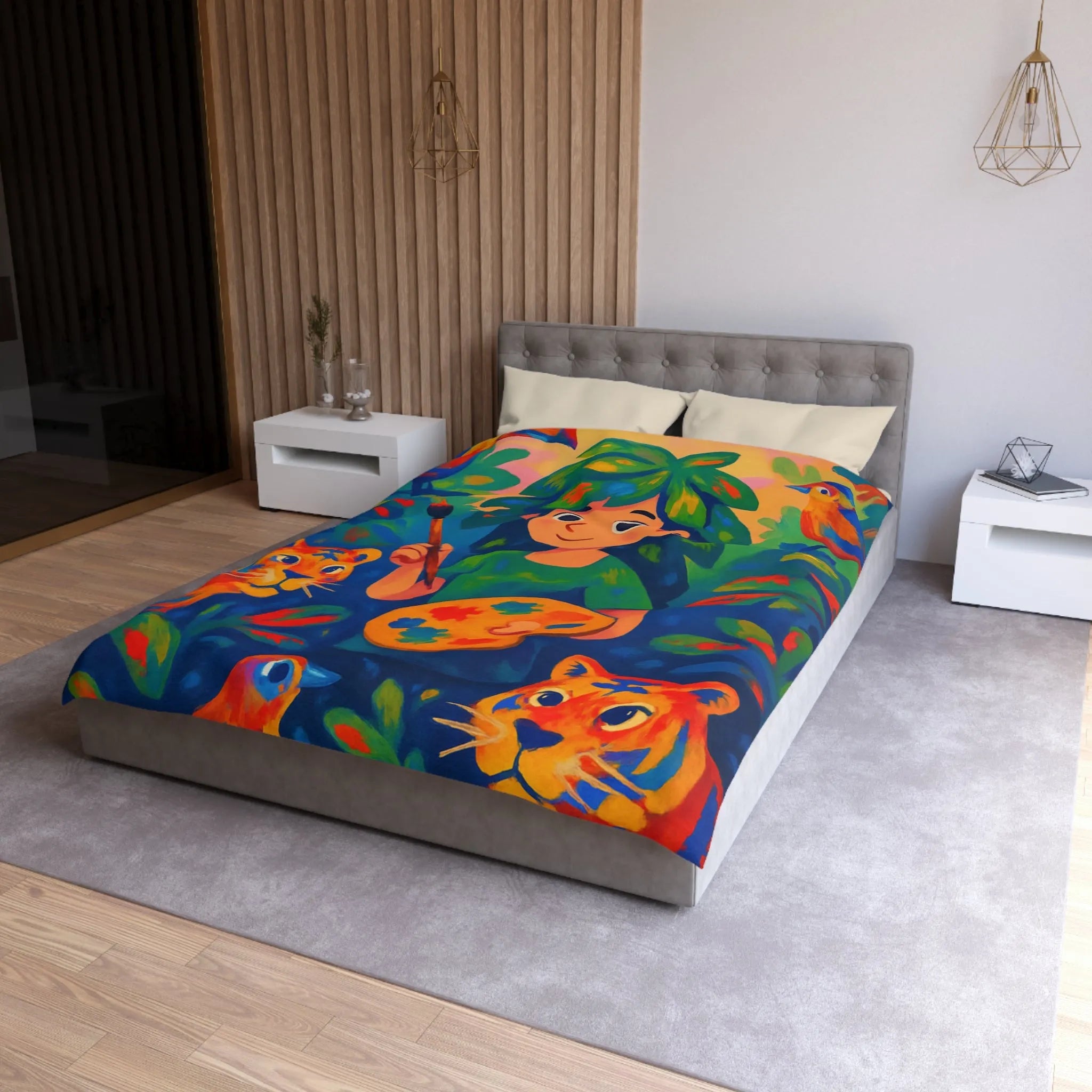 Housse de couette colorée avec tigres et artiste dans une jungle vibrante