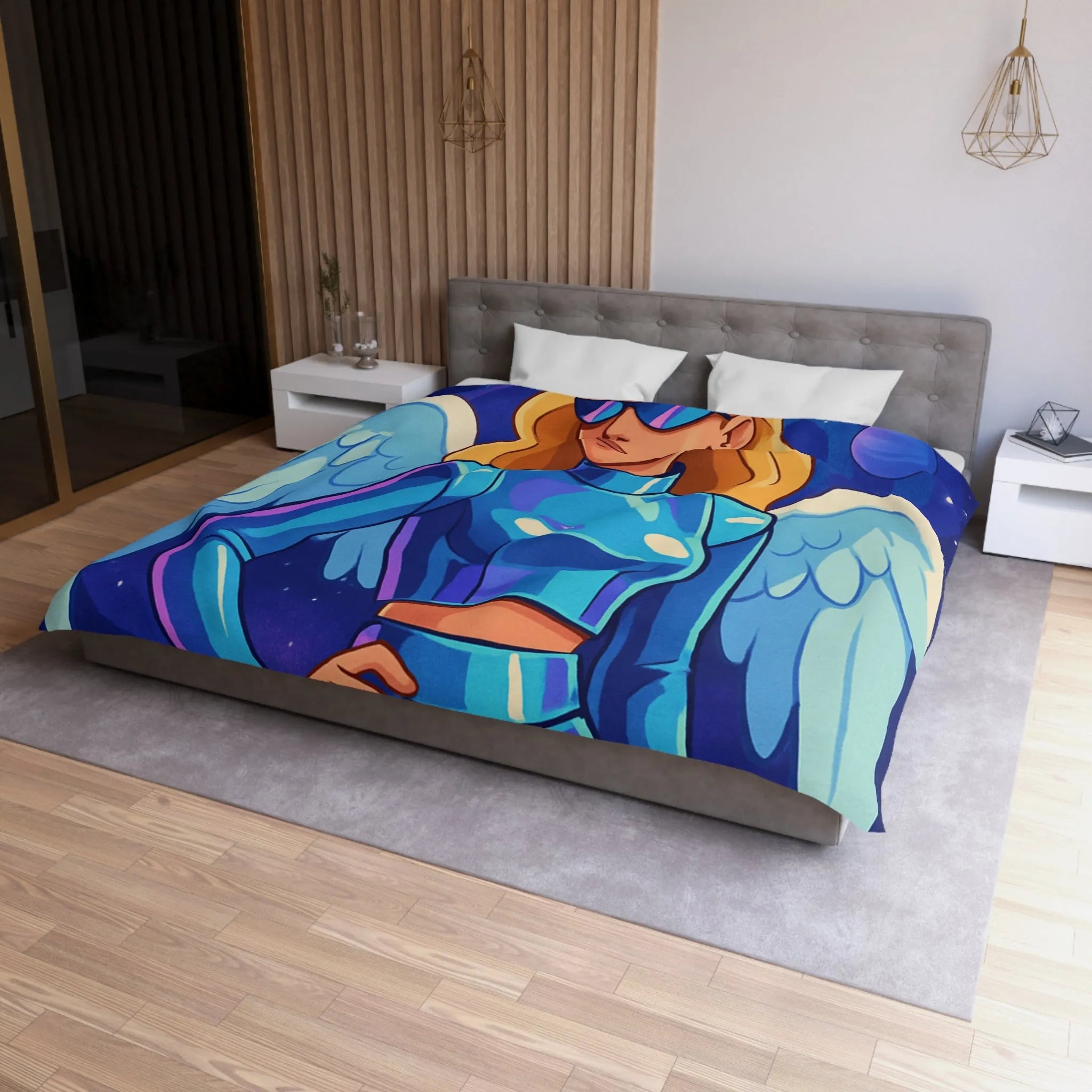 Housse de couette galactique avec ange moderne et planètes, style futuriste coloré