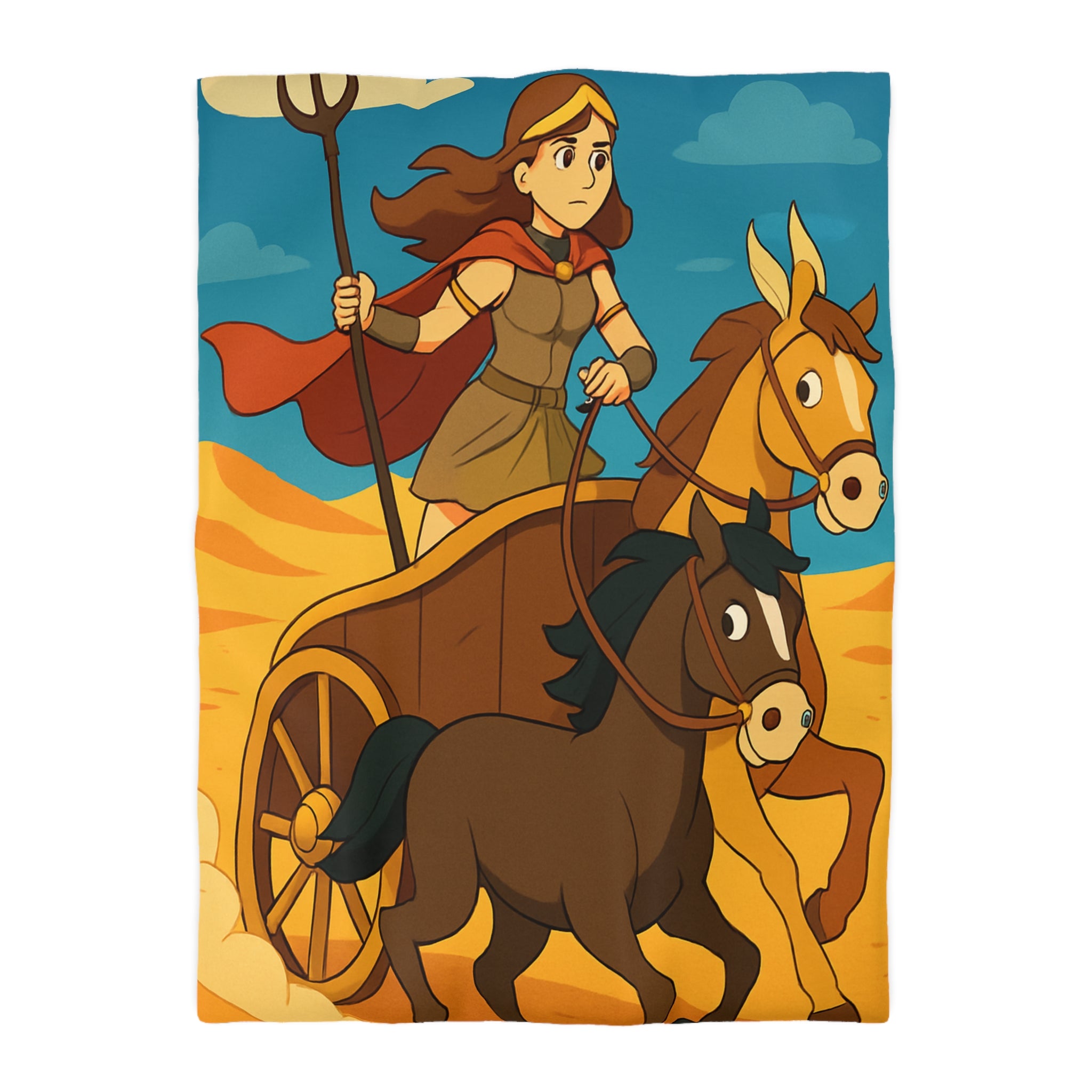 Housse de couette représentant guerrière en char avec chevaux marron dans désert animé