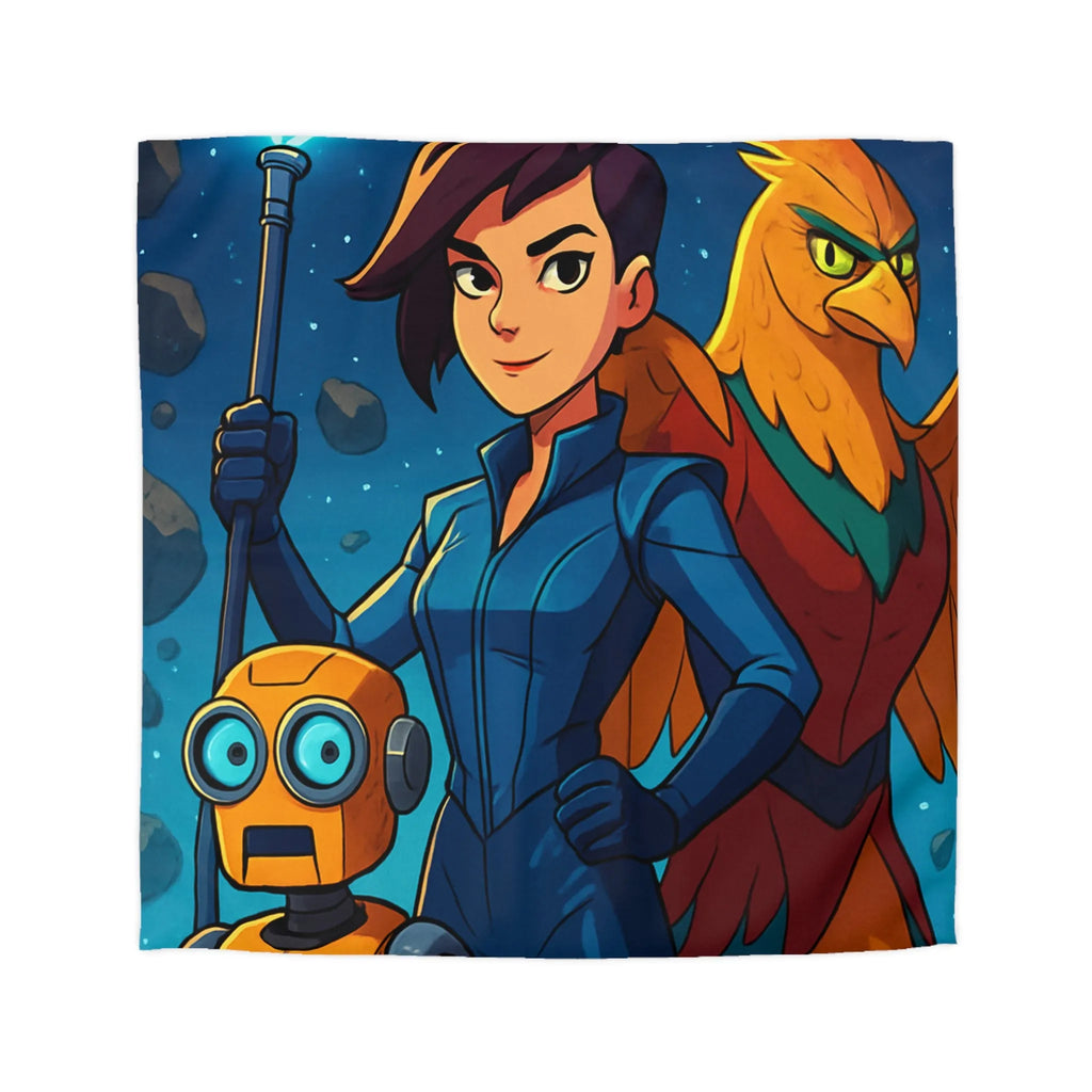 Housse de couette colorée avec exploratrice, robot et oiseau dans l'espace étoilé