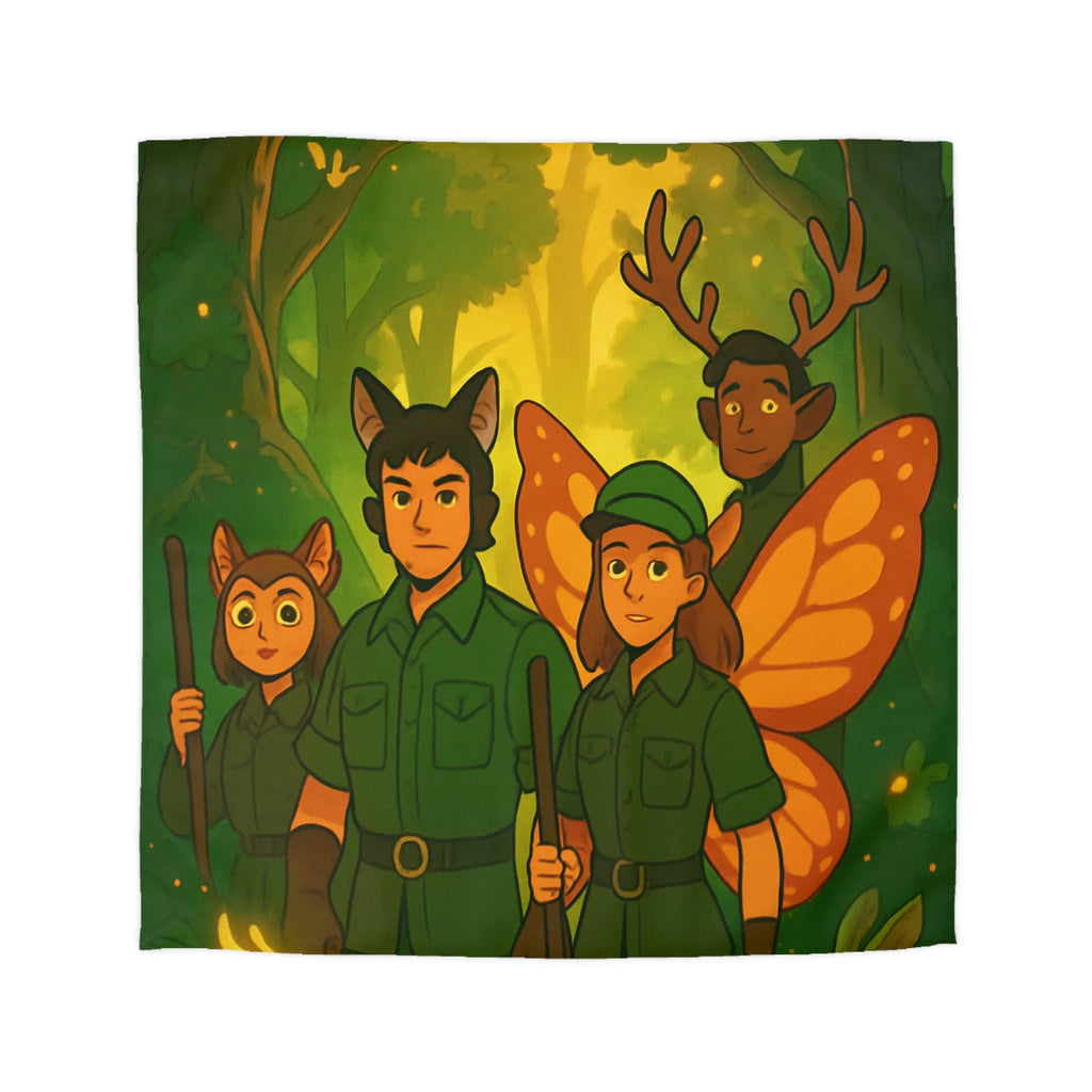 Housse de couette féerique avec gardiens de forêt, animaux magiques, ambiance verte et lumineuse