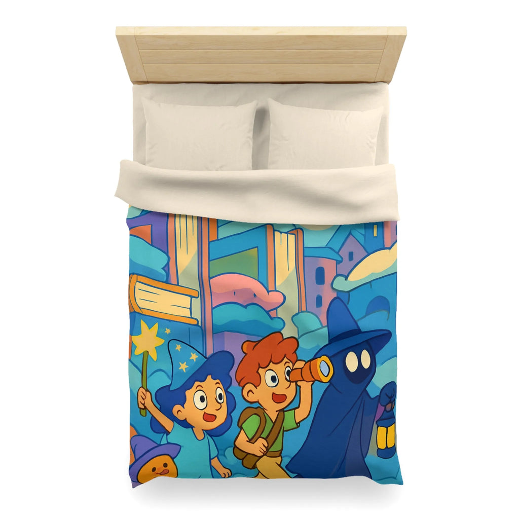 Housse de couette magique enfants avec illustration de sorcier, château et ciel étoilé