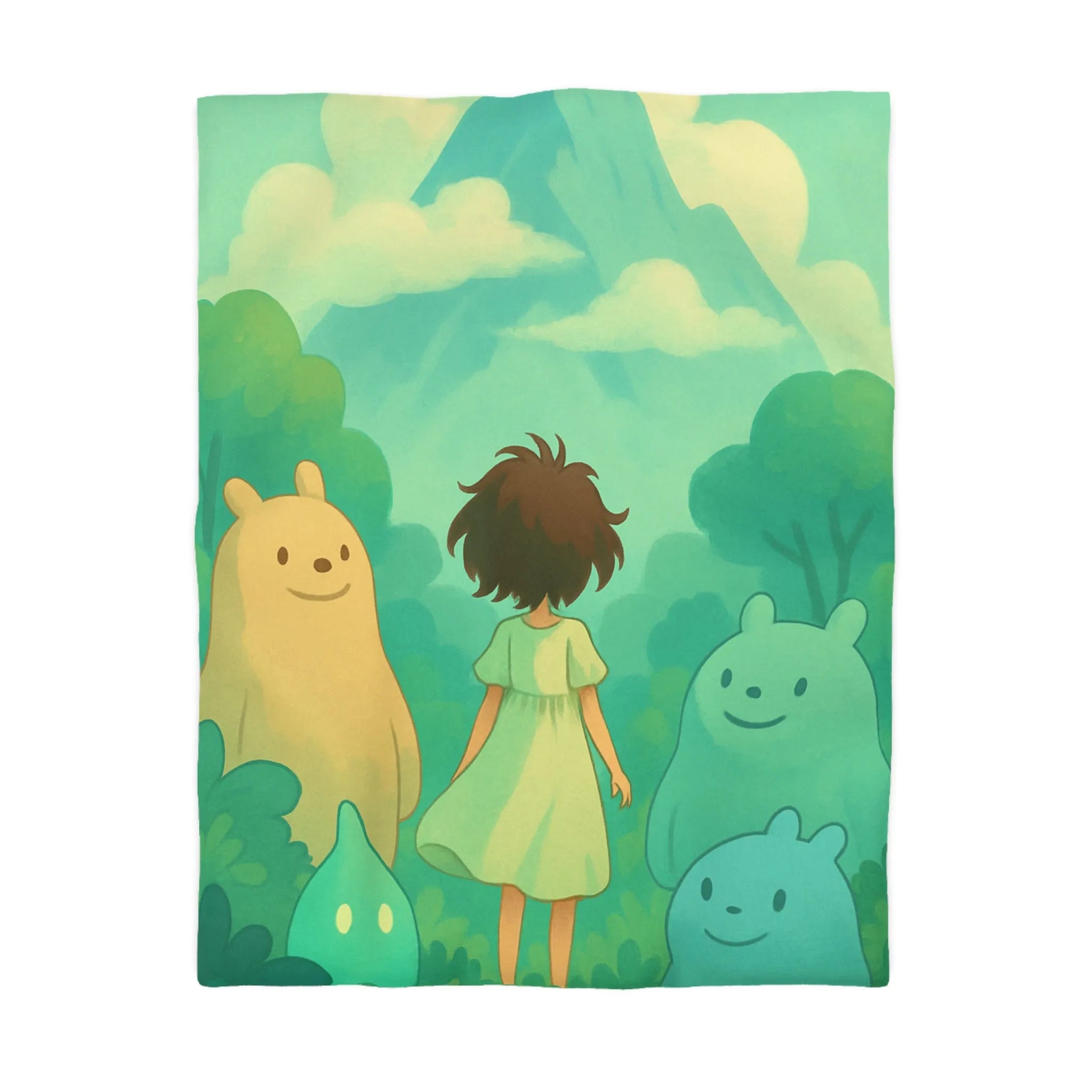 Housse de couette avec paysage montagneux enchanté et créatures amicales colorées pour chambre