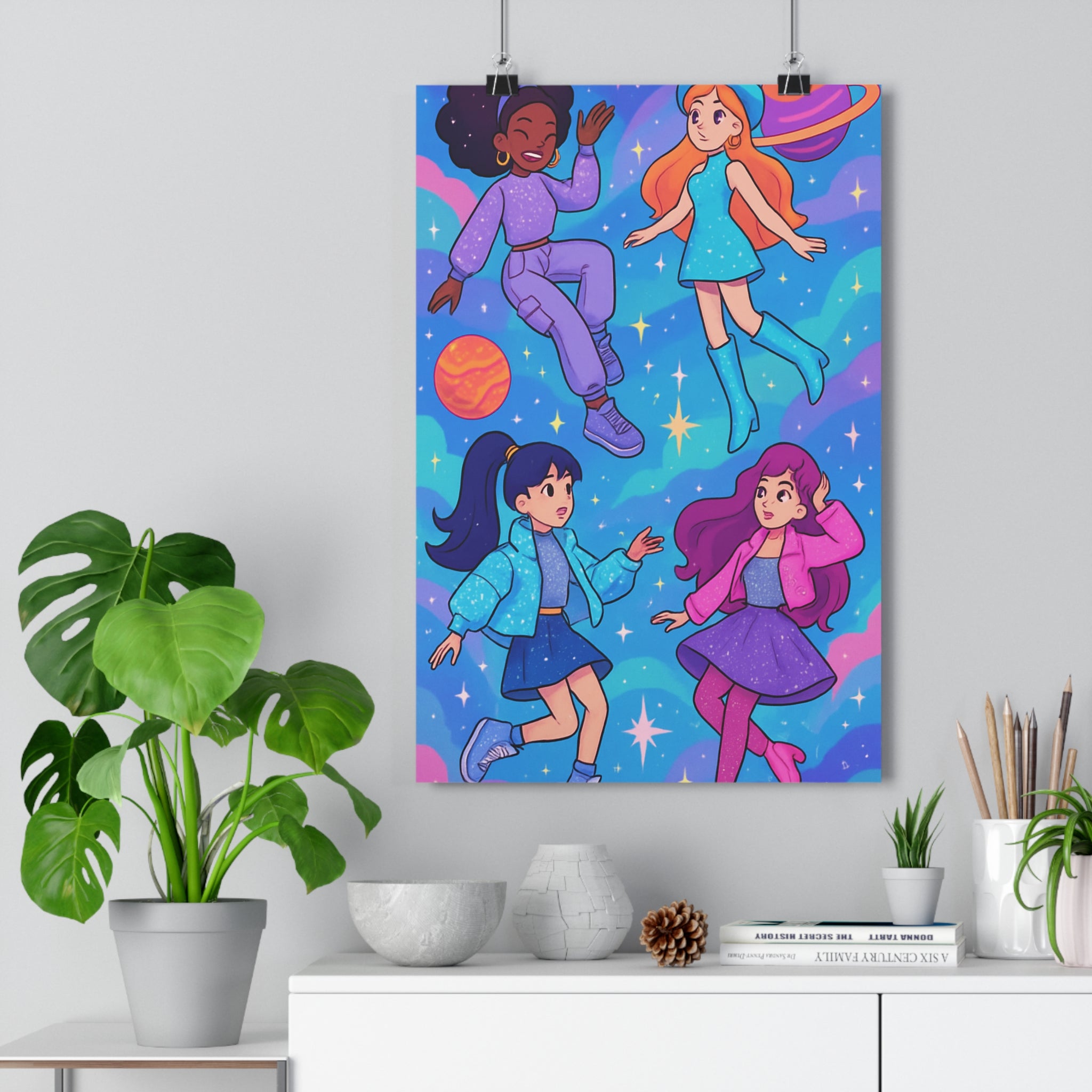 Poster décoratif animé figures féminines cosmique bleu violet rose rêveur chambre créatif 30x46 cm