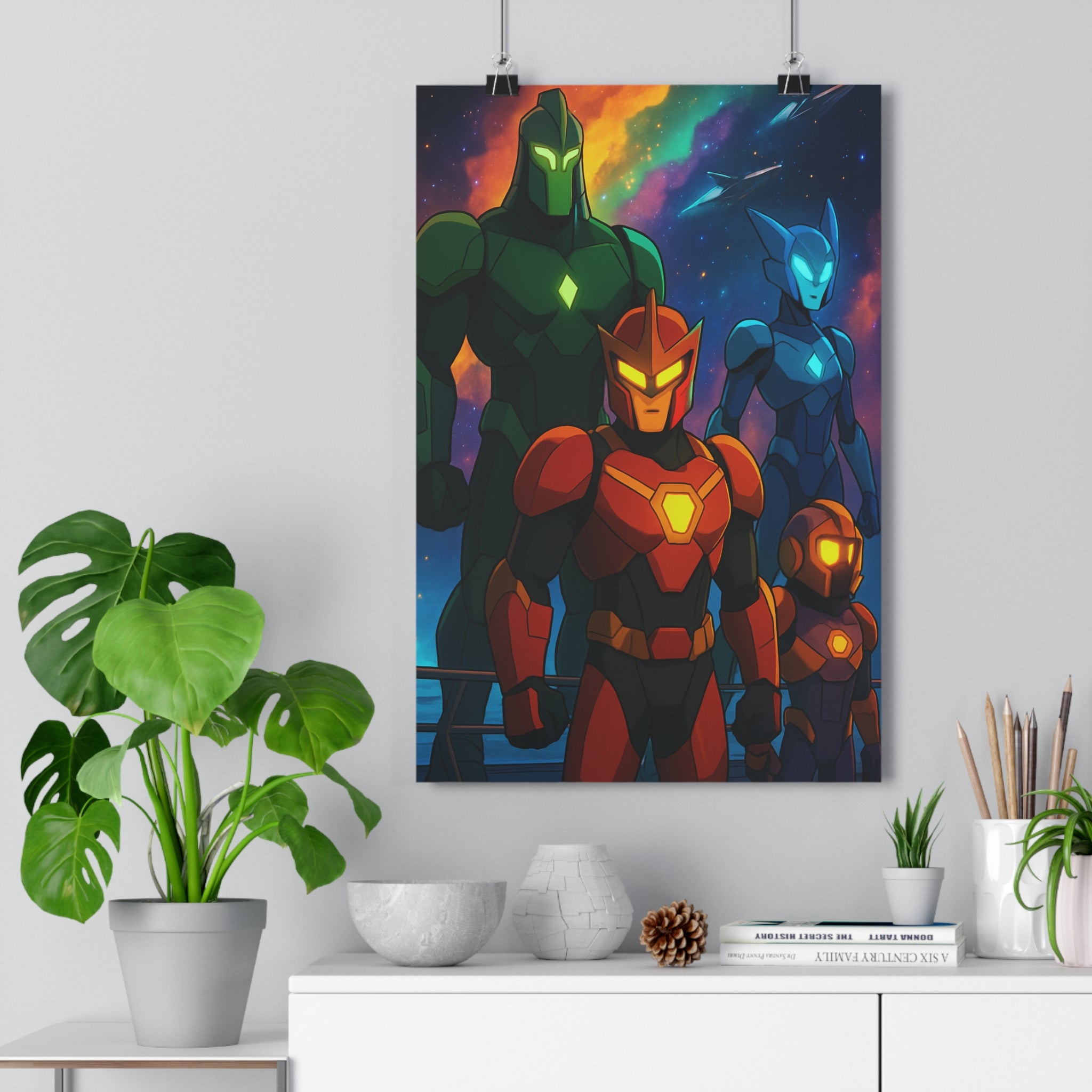 Poster décoratif futuriste animé robotique vert rouge bleu violet chambre enfant espace dynamique vibrant