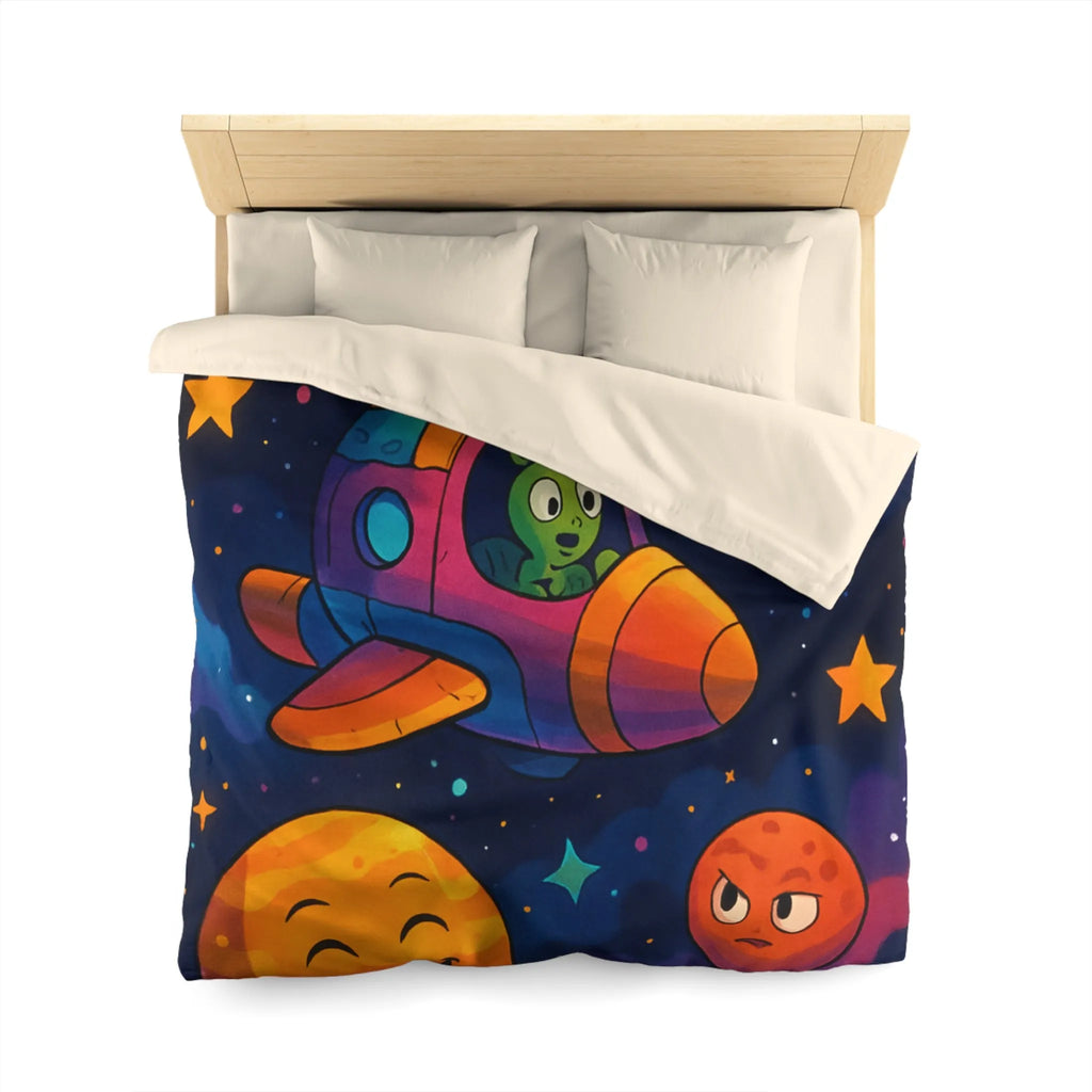 Housse de couette enfant cosmos coloré avec planètes amusantes et fusée extraterrestre