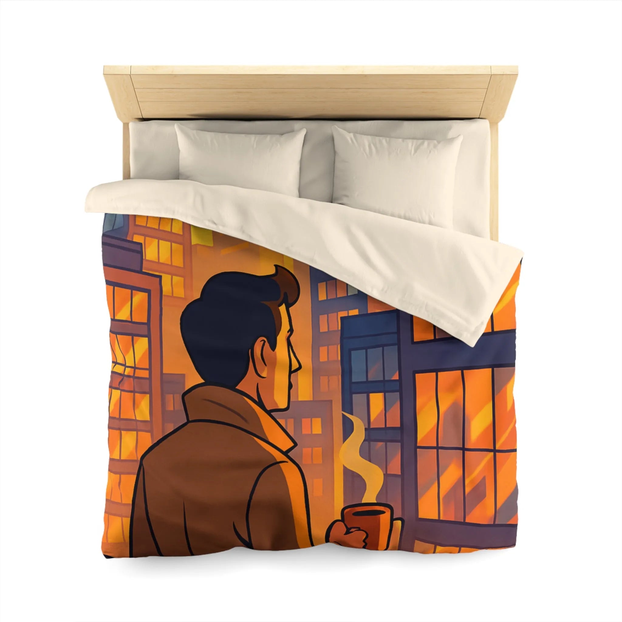 Housse de couette avec illustration urbaine au coucher de soleil et silhouette masculine