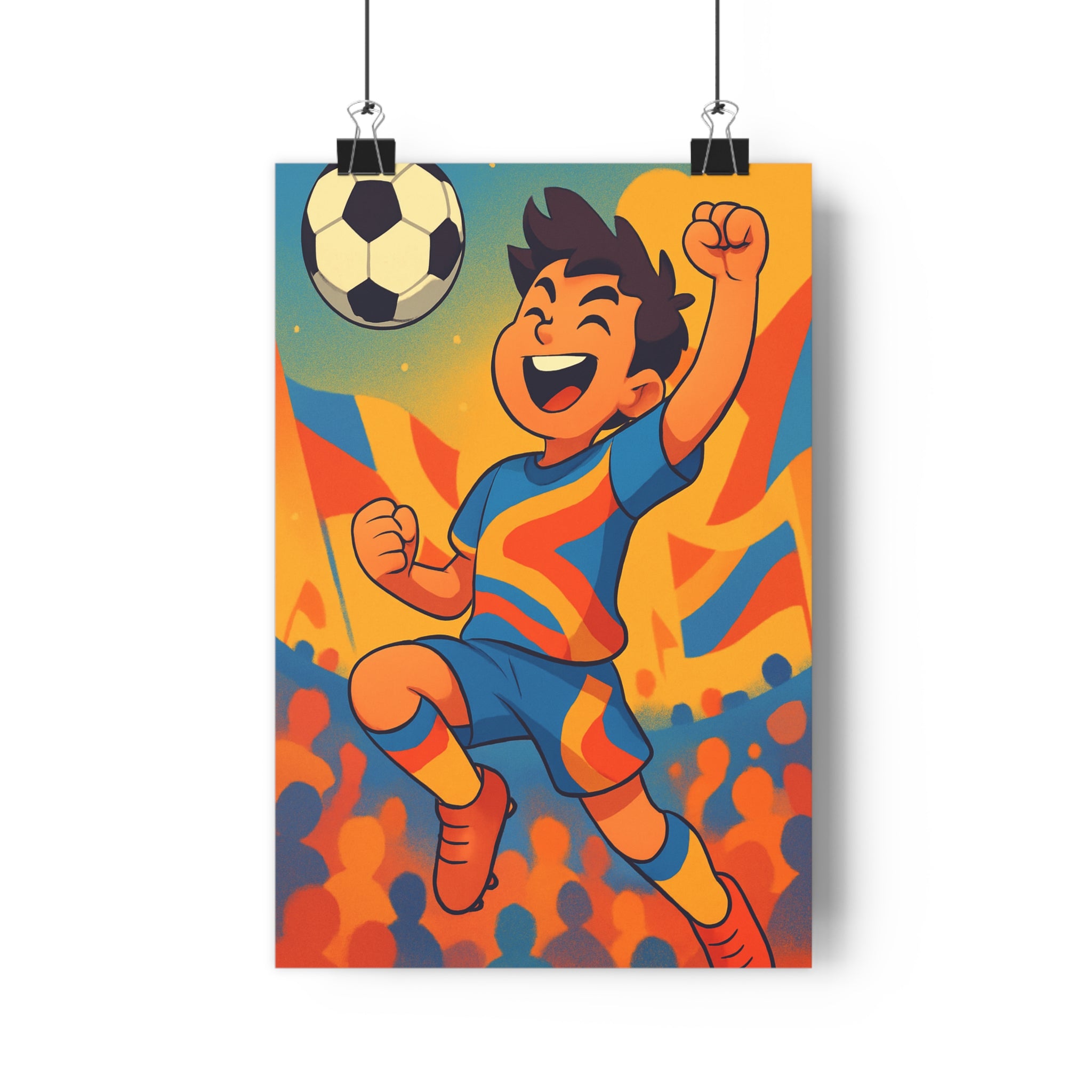 Poster décoratif vibrant cartoon orange bleu jaune enfant joyeux dynamique footballeur style moderne chambre