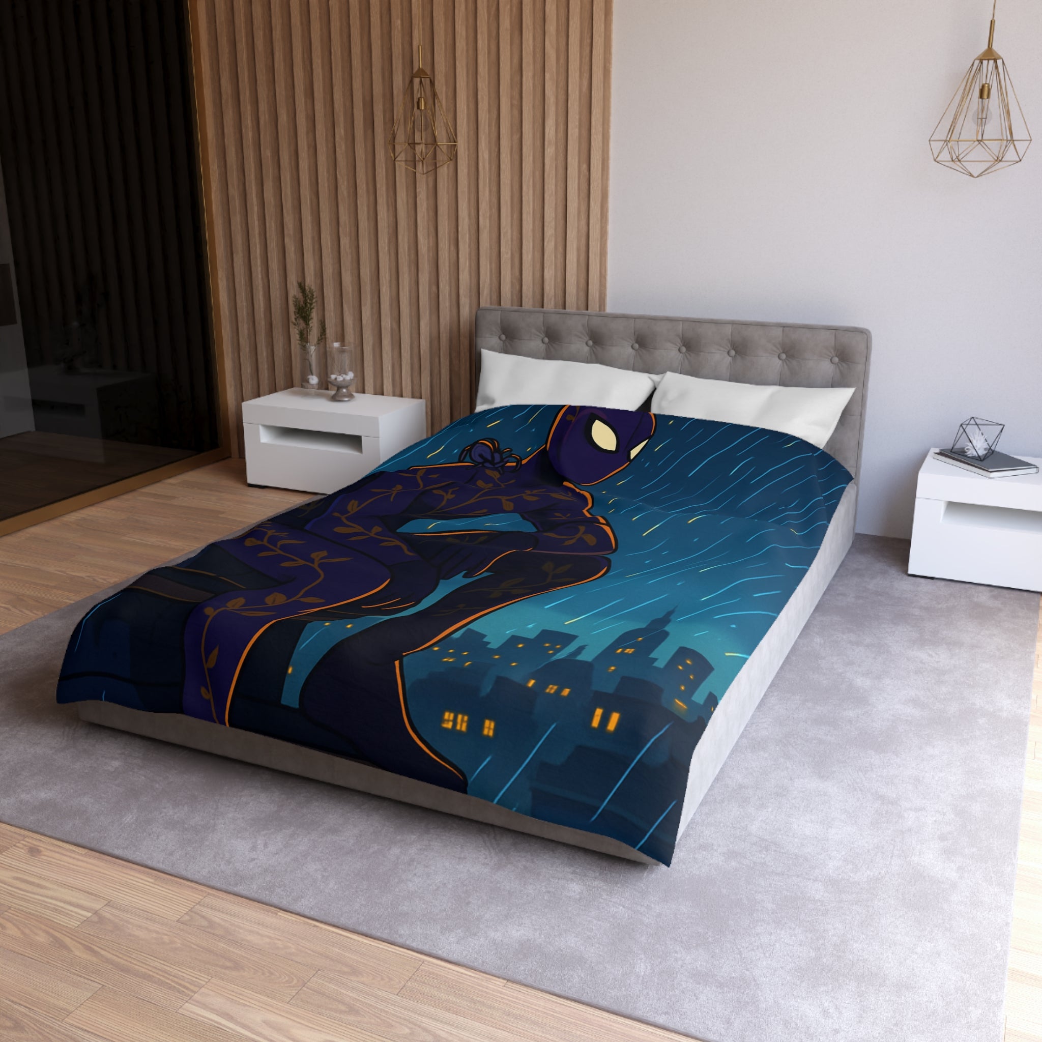 Housse de couette violette avec super-héros mystérieux sous la pluie nocturne colorée