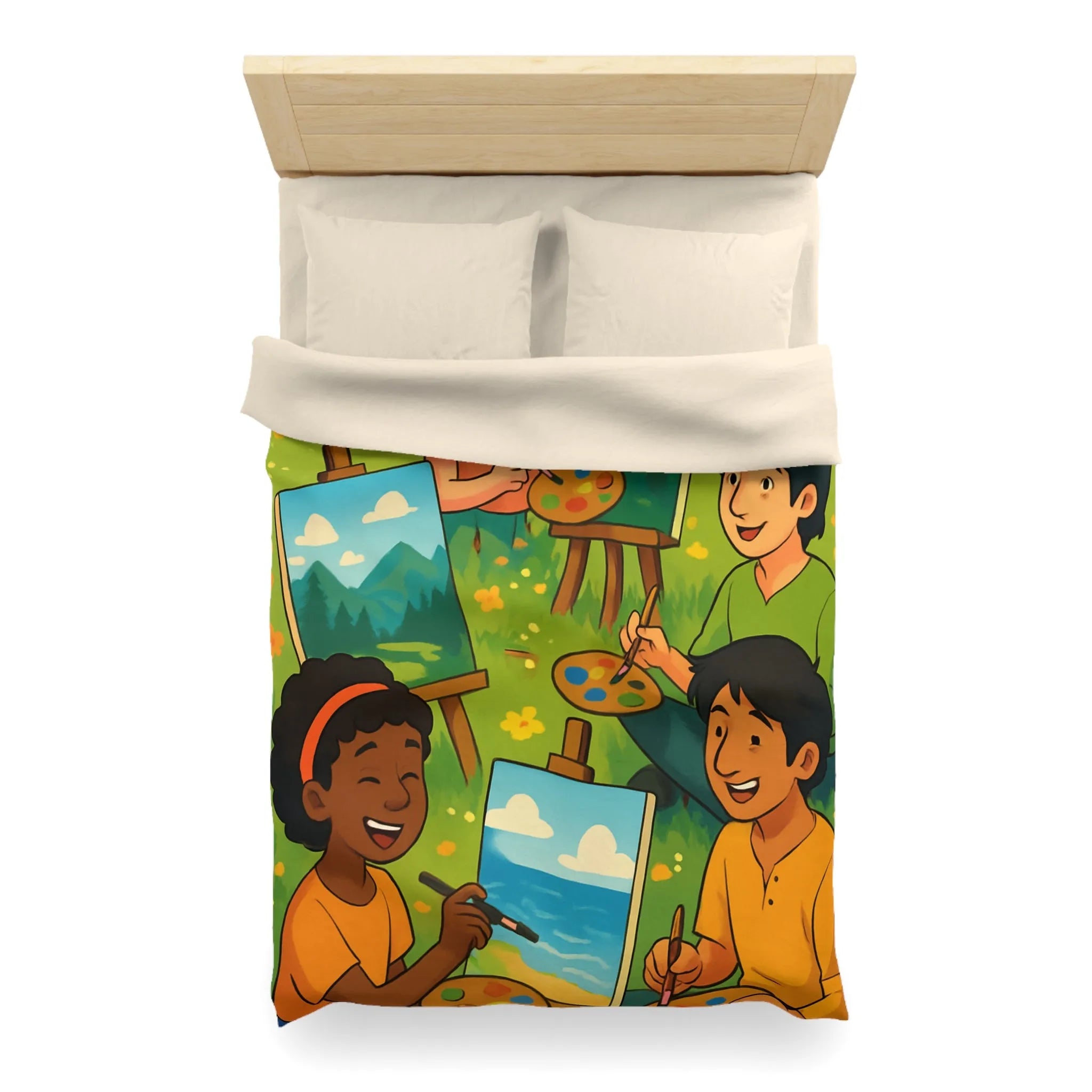 Housse de couette décorative avec enfants peignant dans champ fleuri en plein air