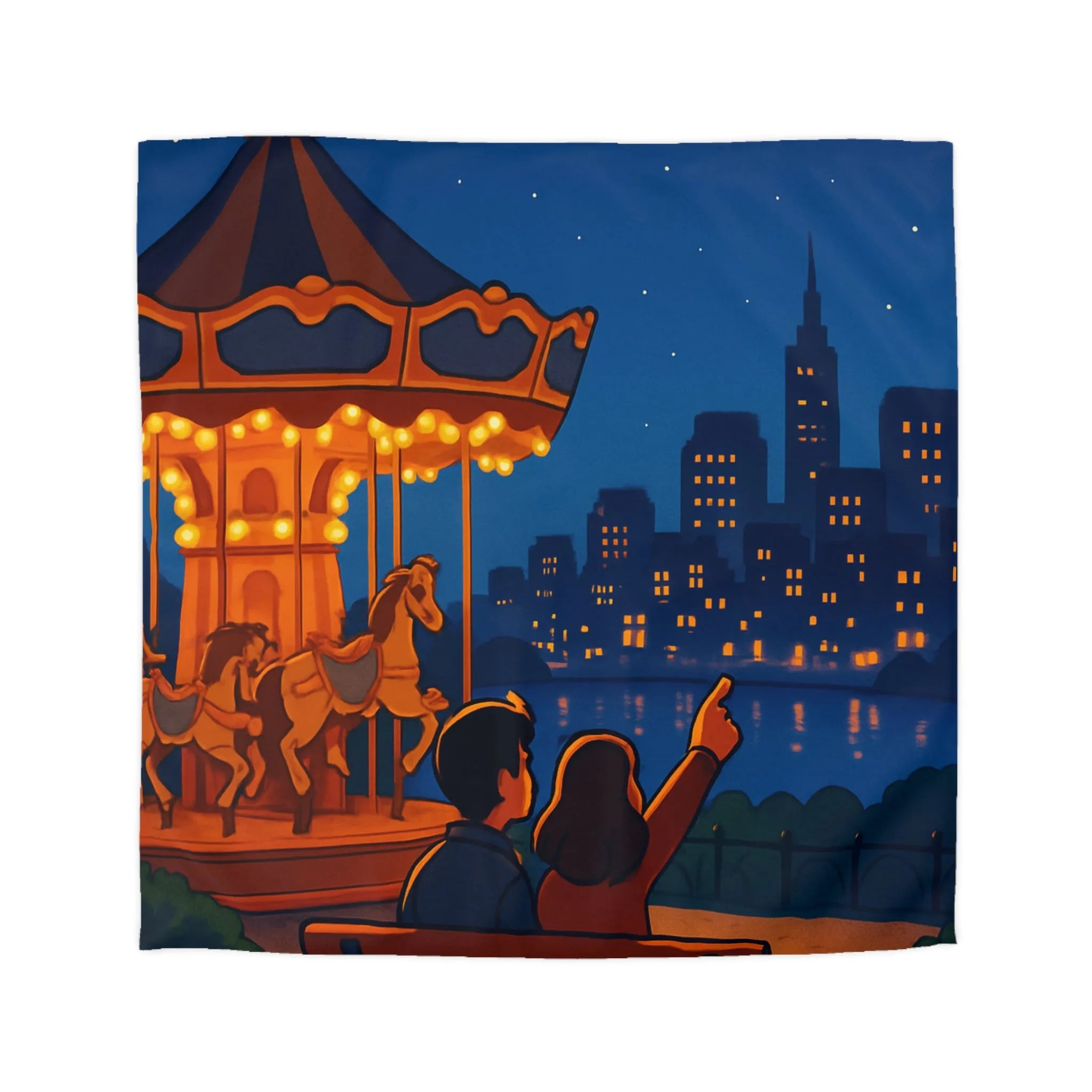 Housse de couette céleste avec carrousel lumineux et paysage urbain étoilé