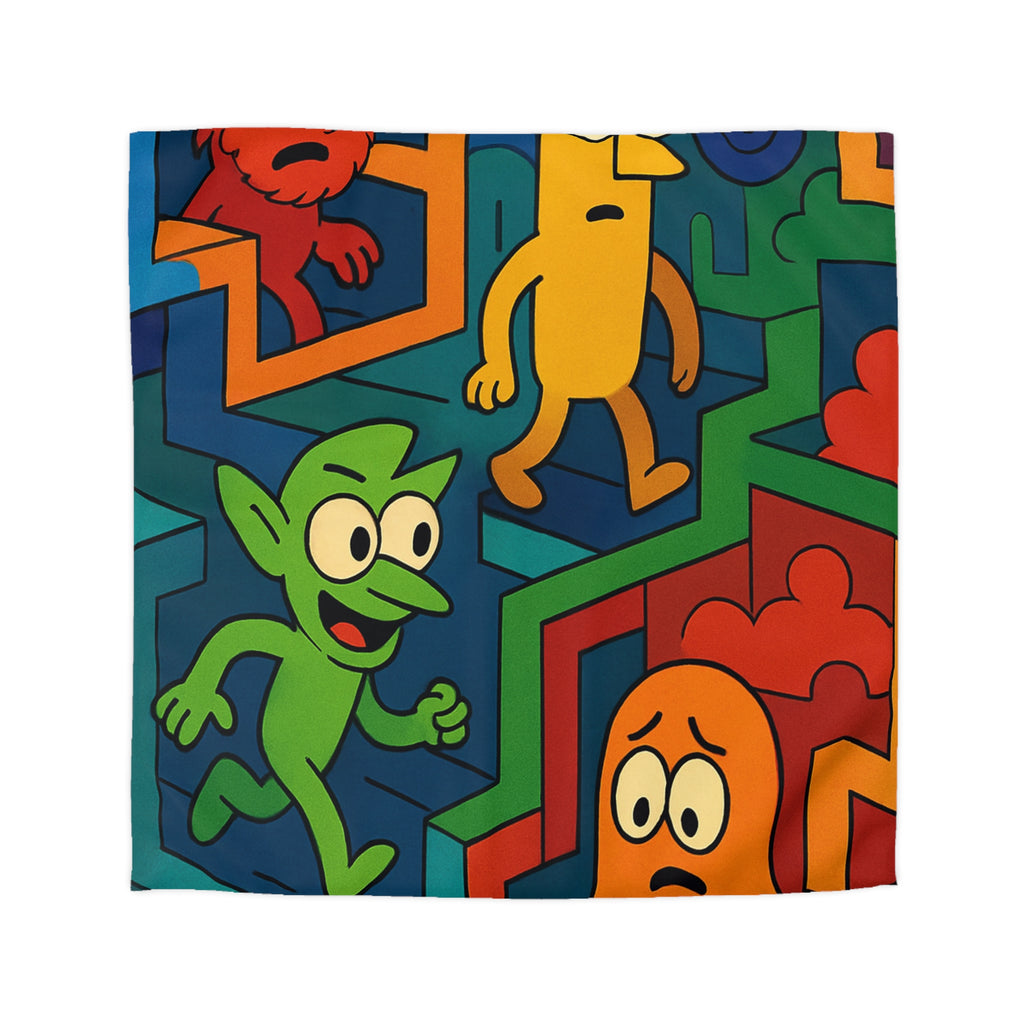Housse de couette multicolore avec labyrinthes et personnages fantaisistes en motifs géométriques