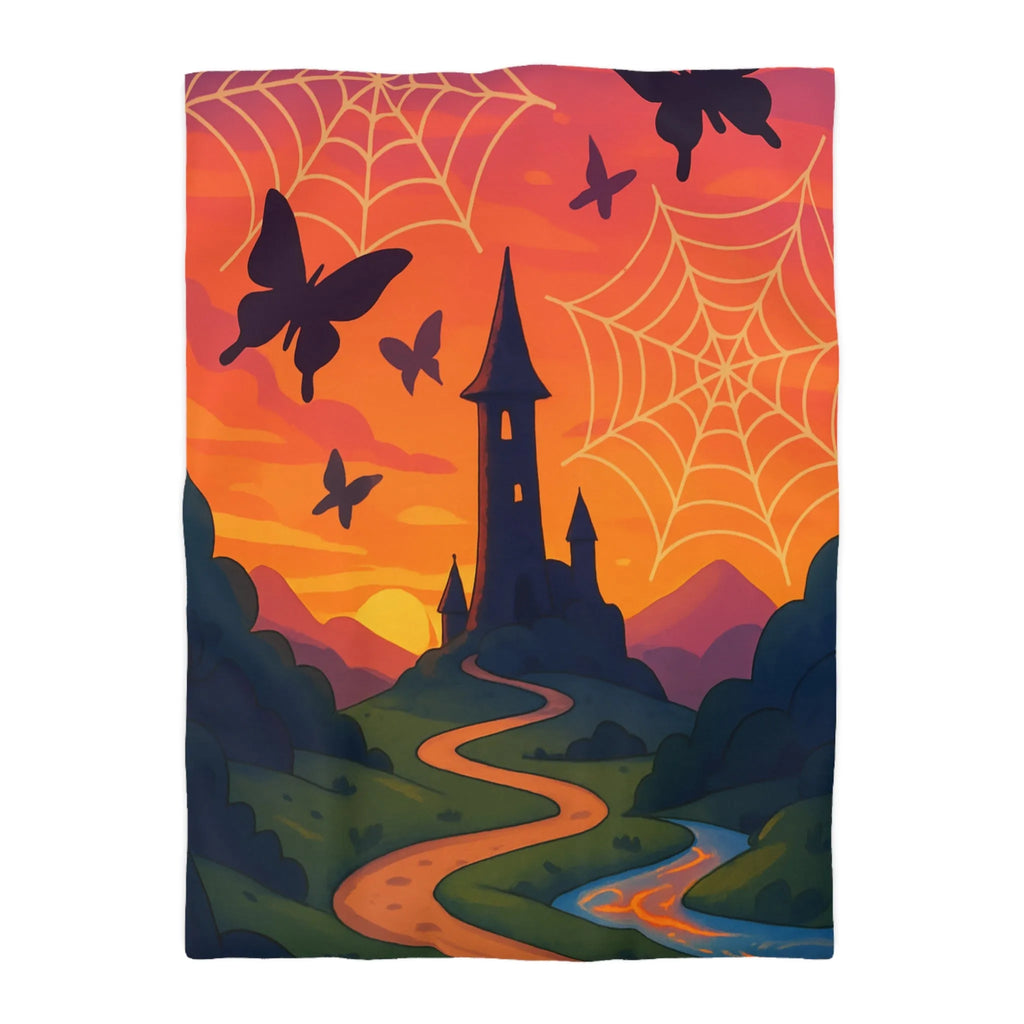 Housse de couette avec tour enchantée, papillons et toiles d'araignée au crépuscule