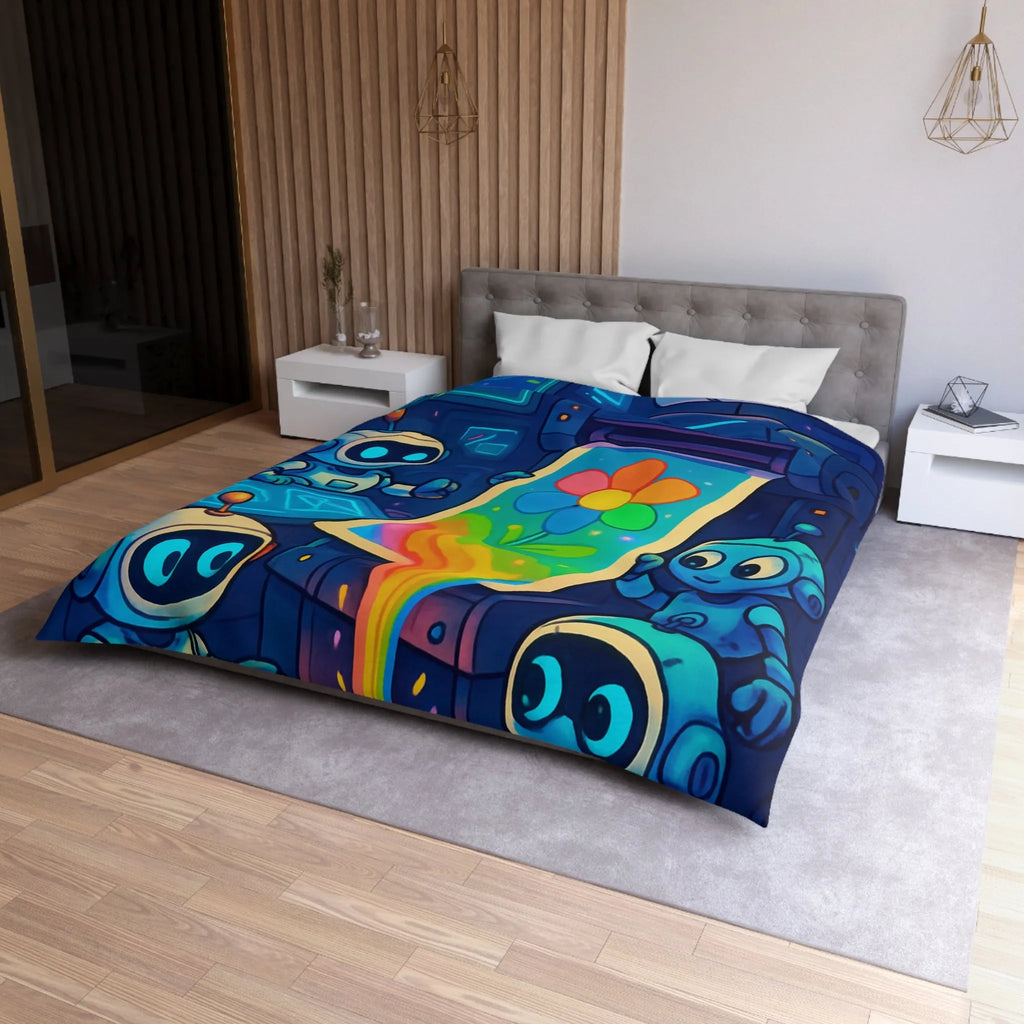 Drôles de robots imprimant une fleur colorée dans un atelier futuriste lumineux