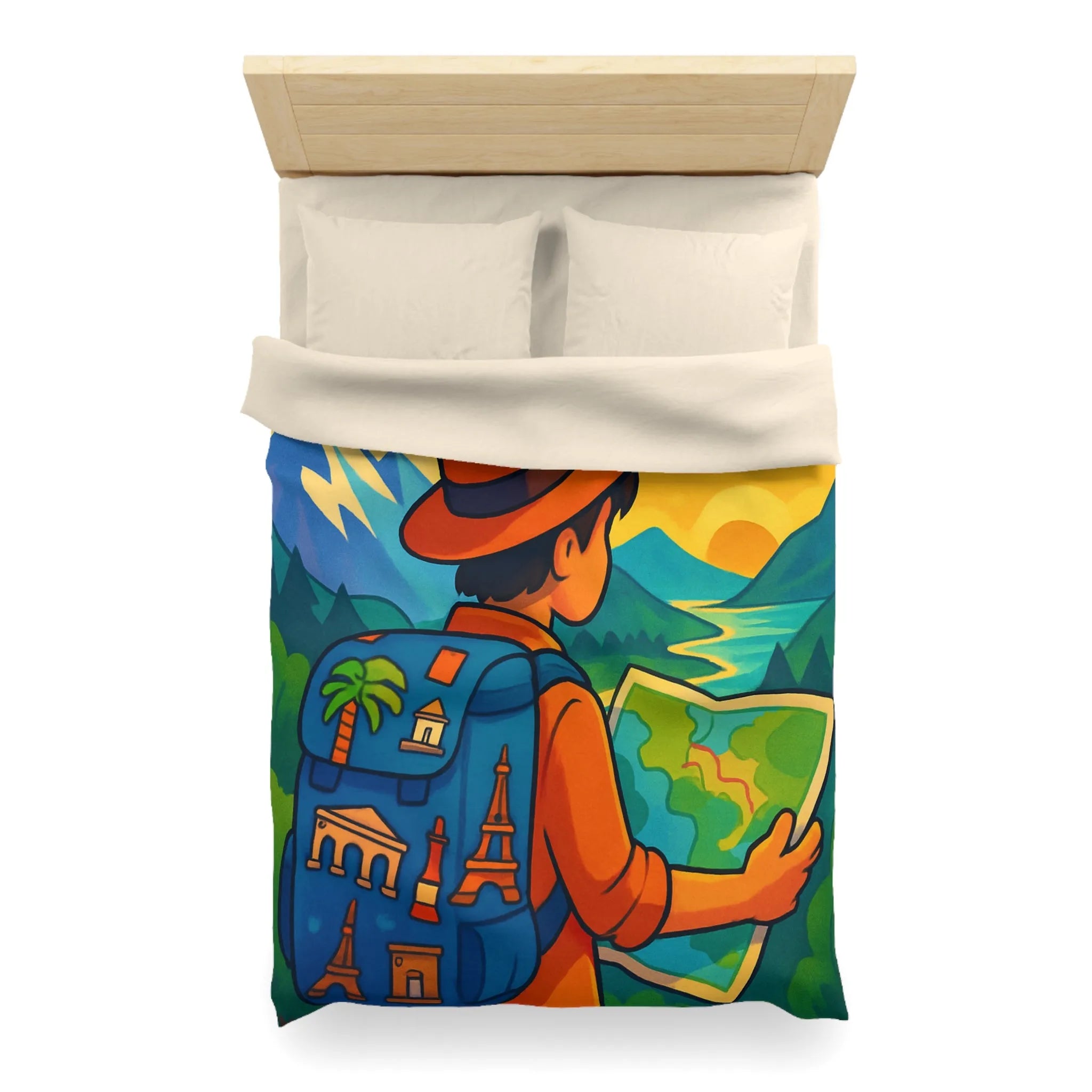 Housse de couette explorateur colorée avec carte, montagnes, boussole et monuments célèbres