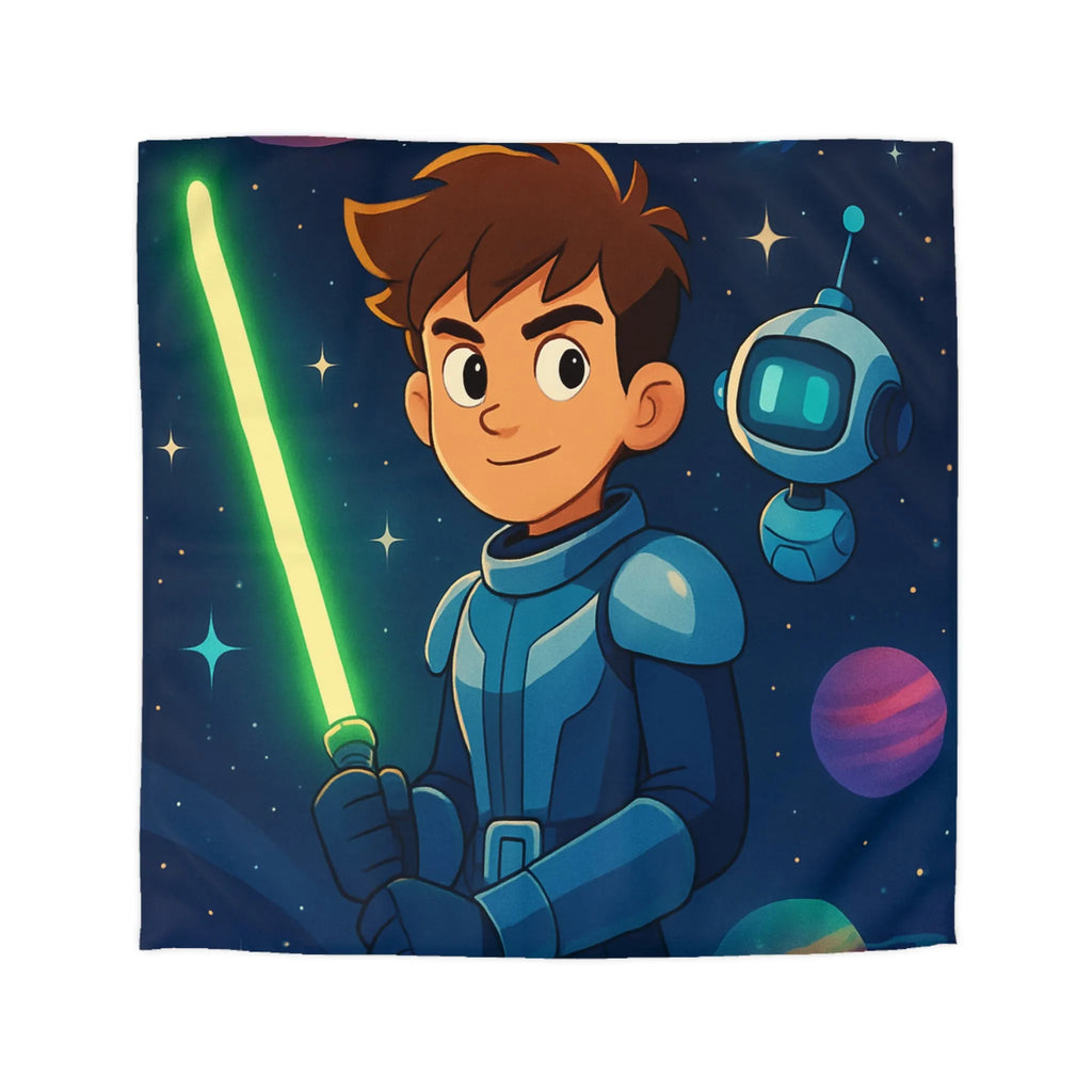 Housse de couette galactique avec enfant et robot, étoiles scintillantes et planètes colorées