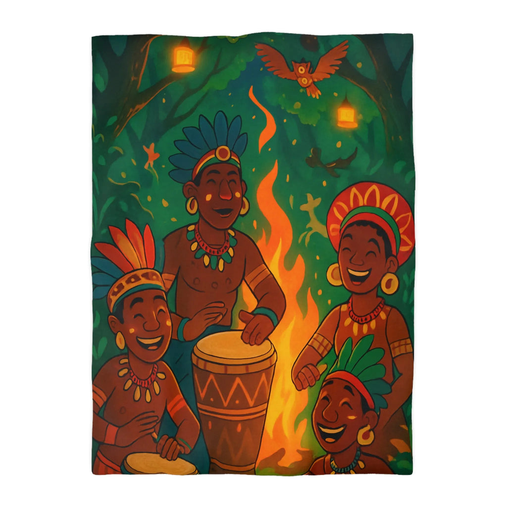 Housse de couette avec musiciens tribaux joyeux jouant des tambours autour du feu